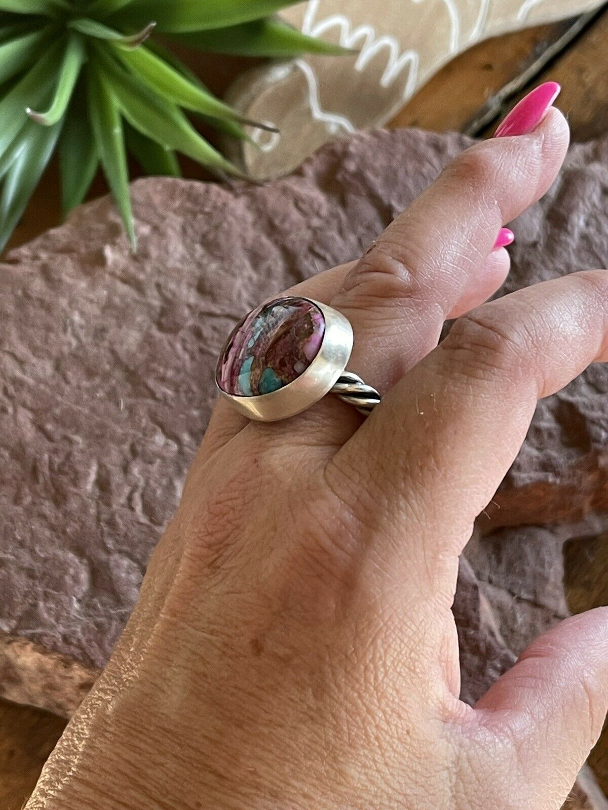 Handcrafted Pink Dream Mojave Oval Rope & Sterling Silver Adjustable Ring