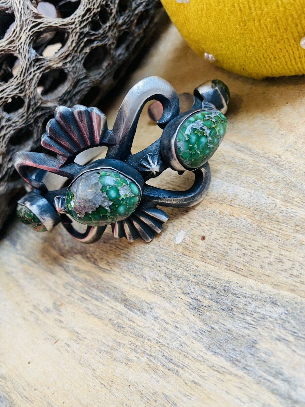 Navajo Sterling Silver & Sonoran Gold Turquoise Cuff Bracelet By Chimney Butte /