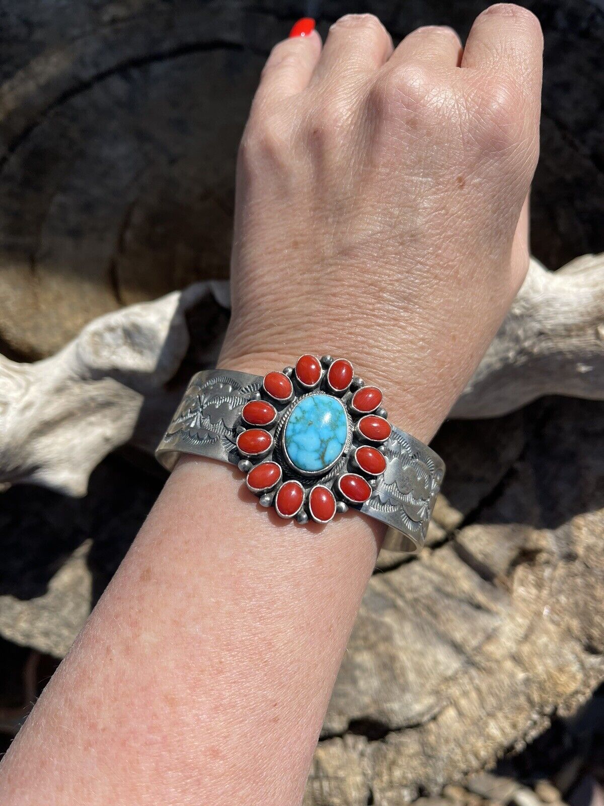 Navajo Sterling Kingman Web Turquoise & Red Coral Taos Bracelet Cuff by Bobby Johnson /