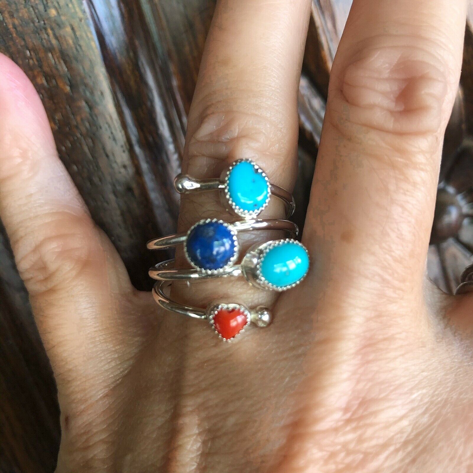 Handcrafted Turquoise, Lapis and Coral Sterling Silver ring