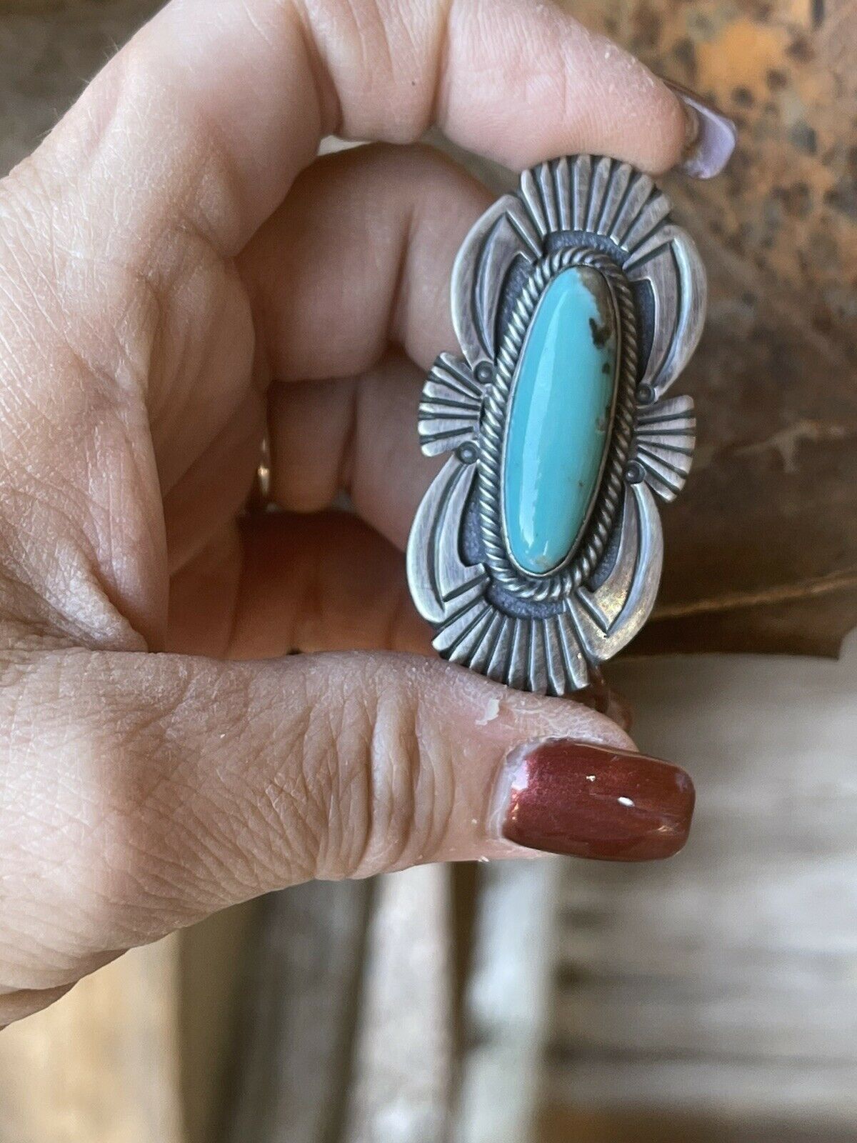 Handcrafted Turquoise & Sterling Silver Navajo Deco Ring Size 7.5