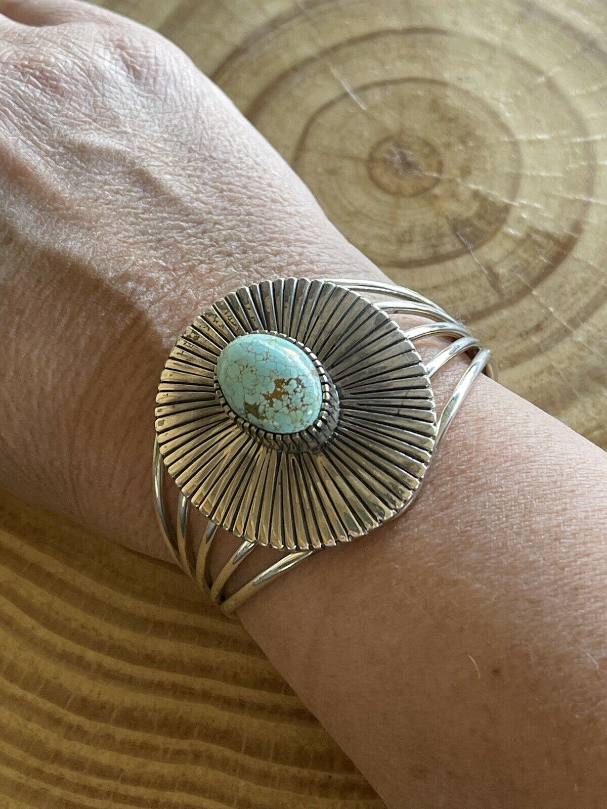 Handcrafted Sterling Silver & Number 8 Turquoise Signed Lined Cuff Signed