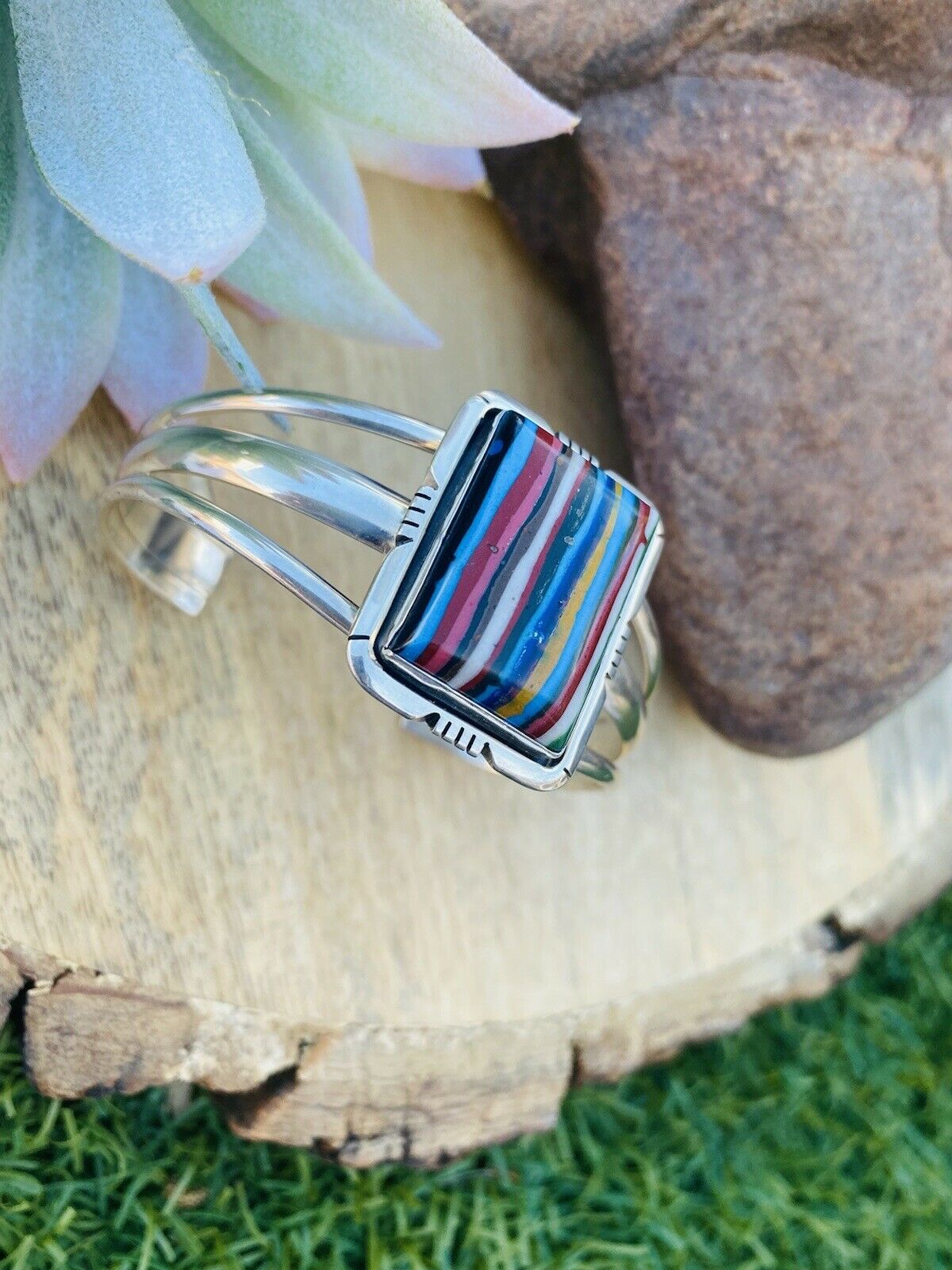Handcrafted Sterling Silver & Rainbow Rectangle Cuff Bracelet