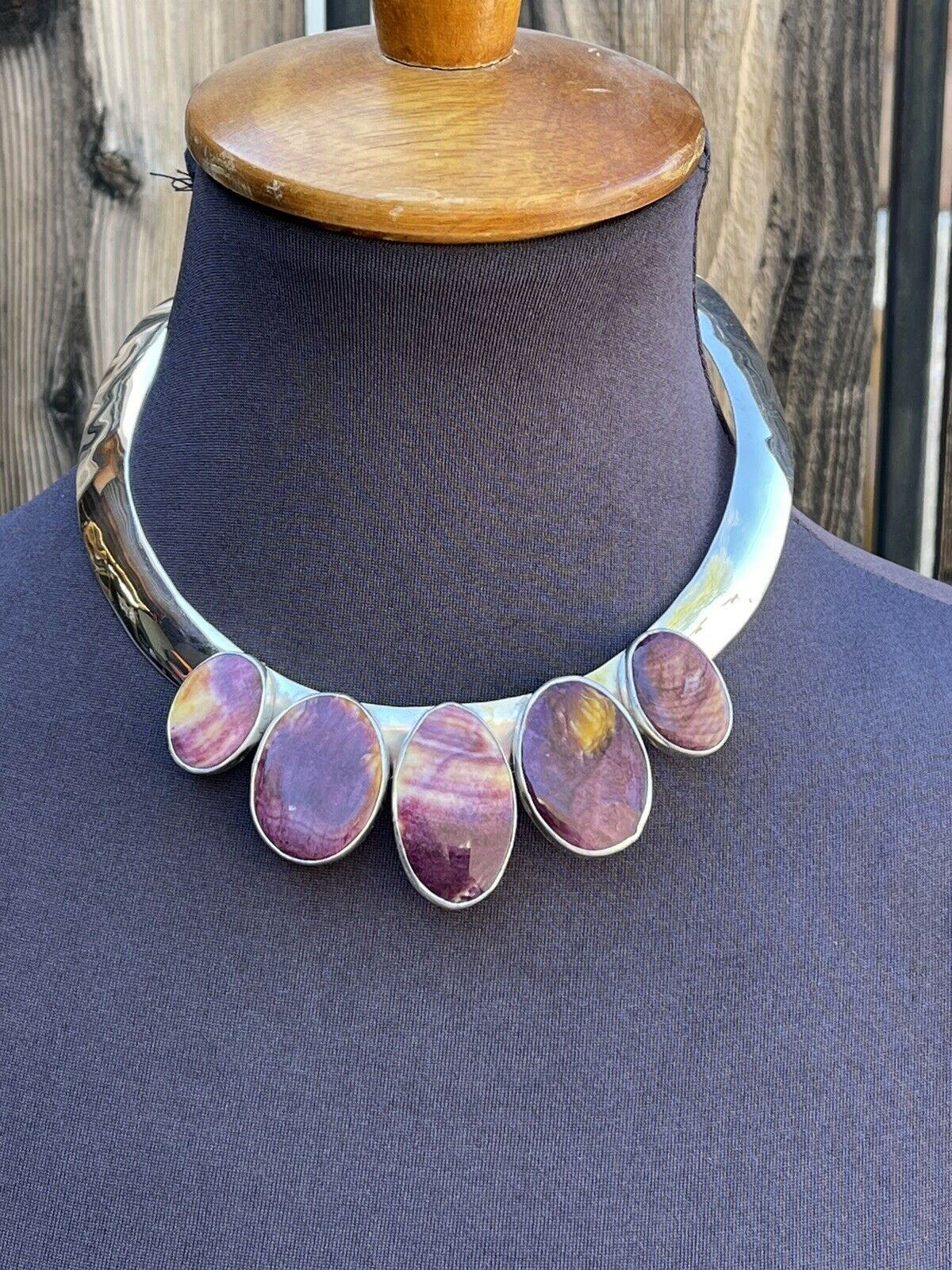 Handcrafted Sterling Silver & Spiny 5 Stone Choker Necklace Signed