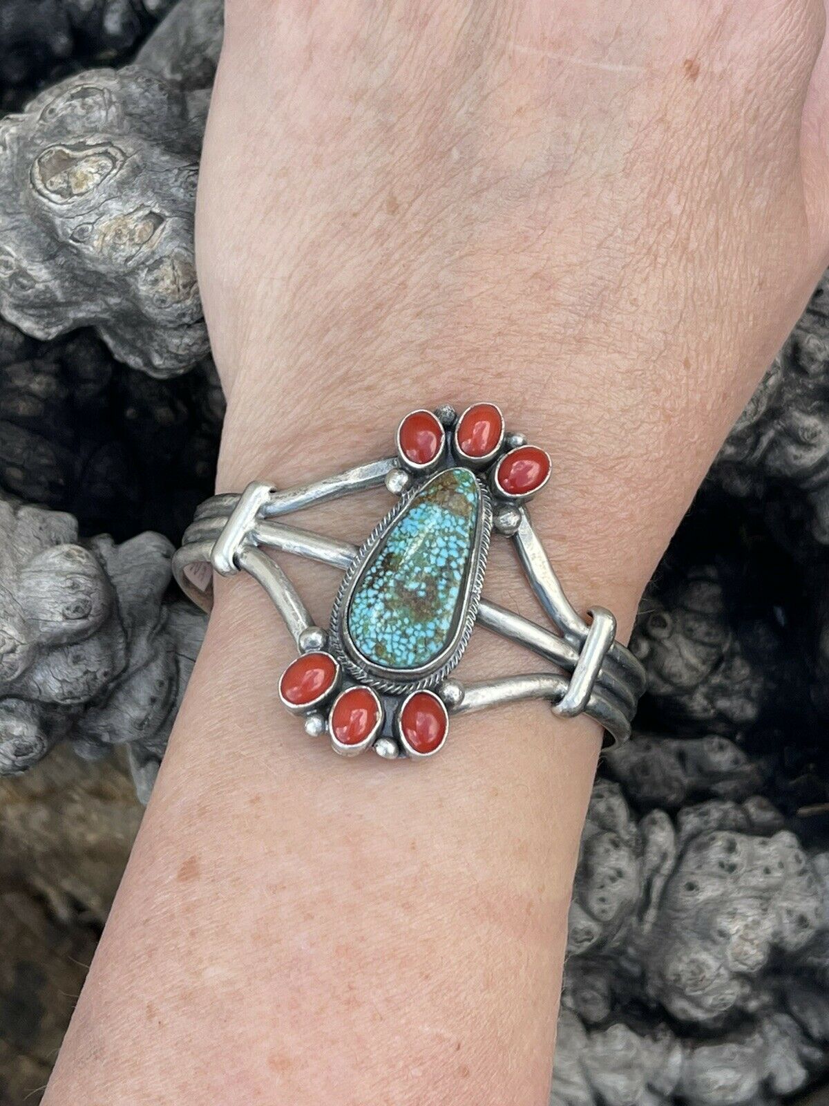 Handcrafted Sterling Silver Kingman Web Turquoise & Red Coral Taos Bracelet Cuff by Bobby Johnson /