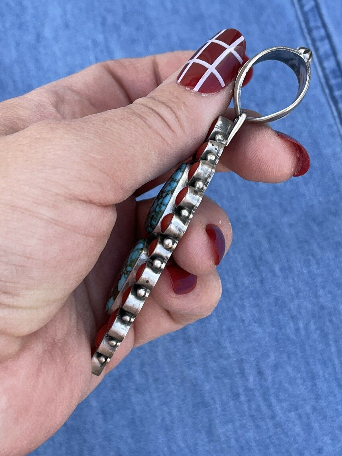 Handcrafted Sterling Silver 2 Stone Kingman Web Turquoise & Red Coral Taos Pendant