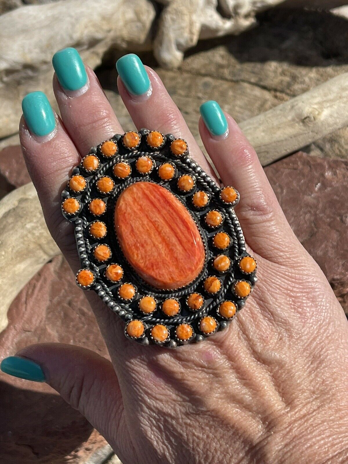 Handcrafted Sterling Silver Orange Spiny Cluster Jumbo Ring Sz 9