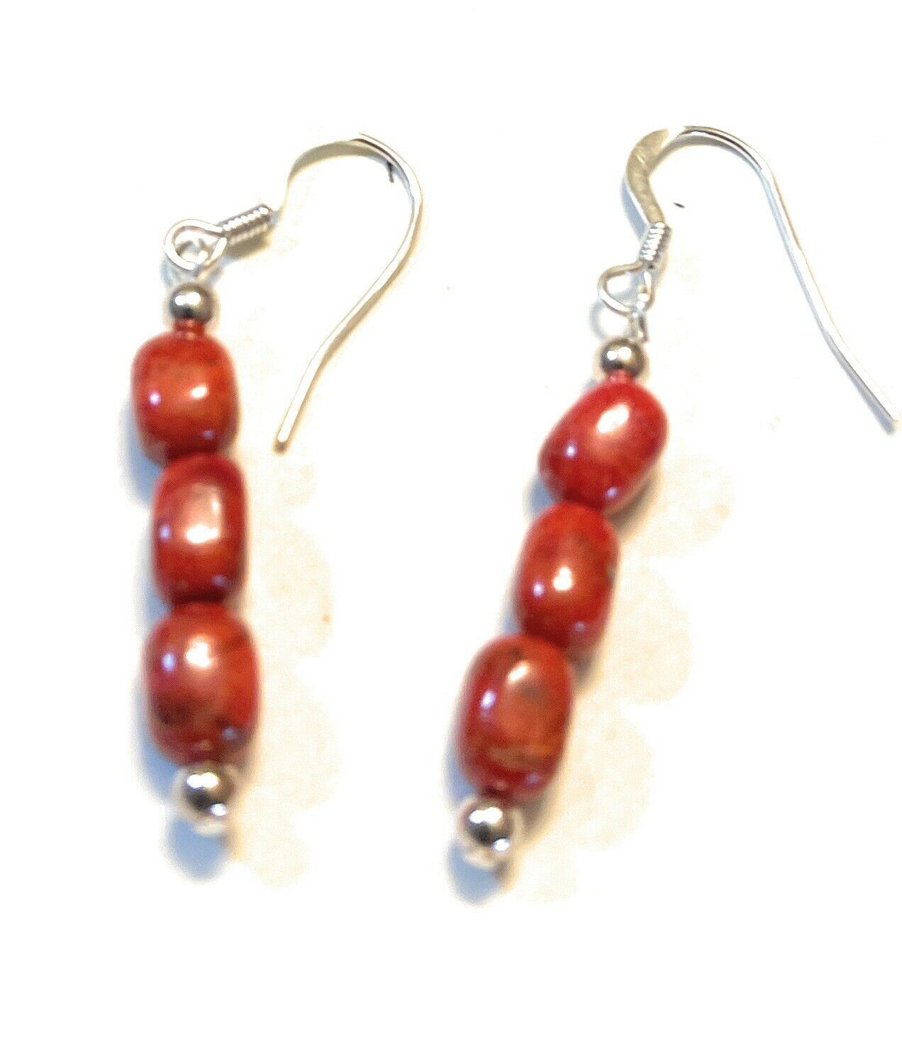 Handcrafted Sterling Silver 3 Stone Apple Coral Dangle Earrings
