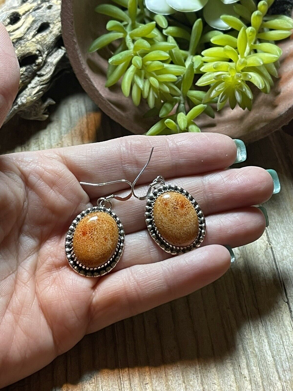 Handcrafted Sterling Silver Apple Coral Oval Dangle Earrings