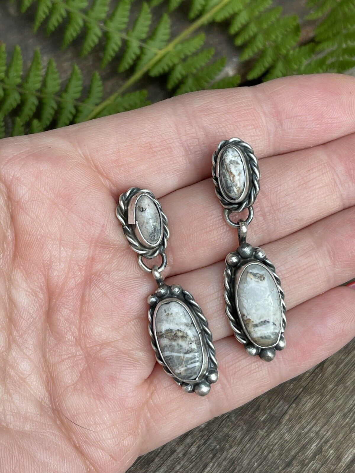 Handcrafted Sterling Silver & White Buffalo 2 Stone Rope Dangle Earrings