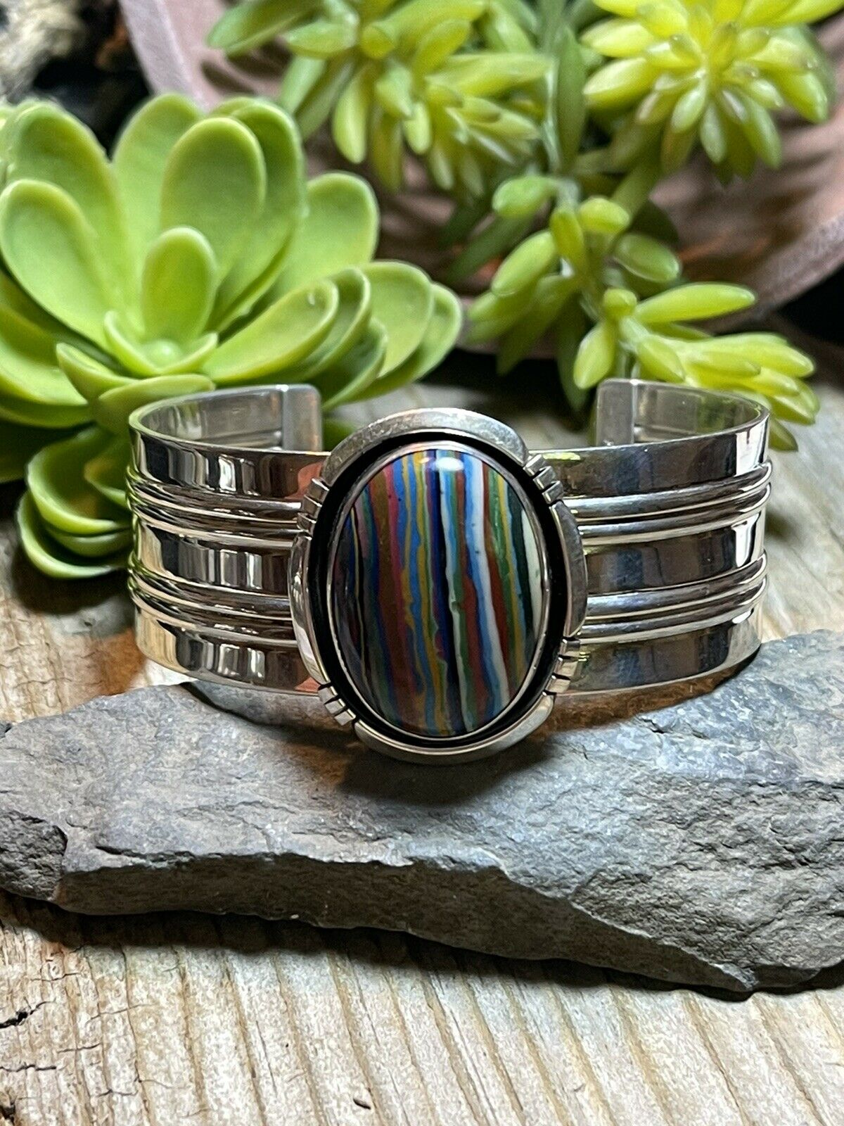 Handcrafted Sterling Silver & Rainbow Stone Signed Cuff Bracelet
