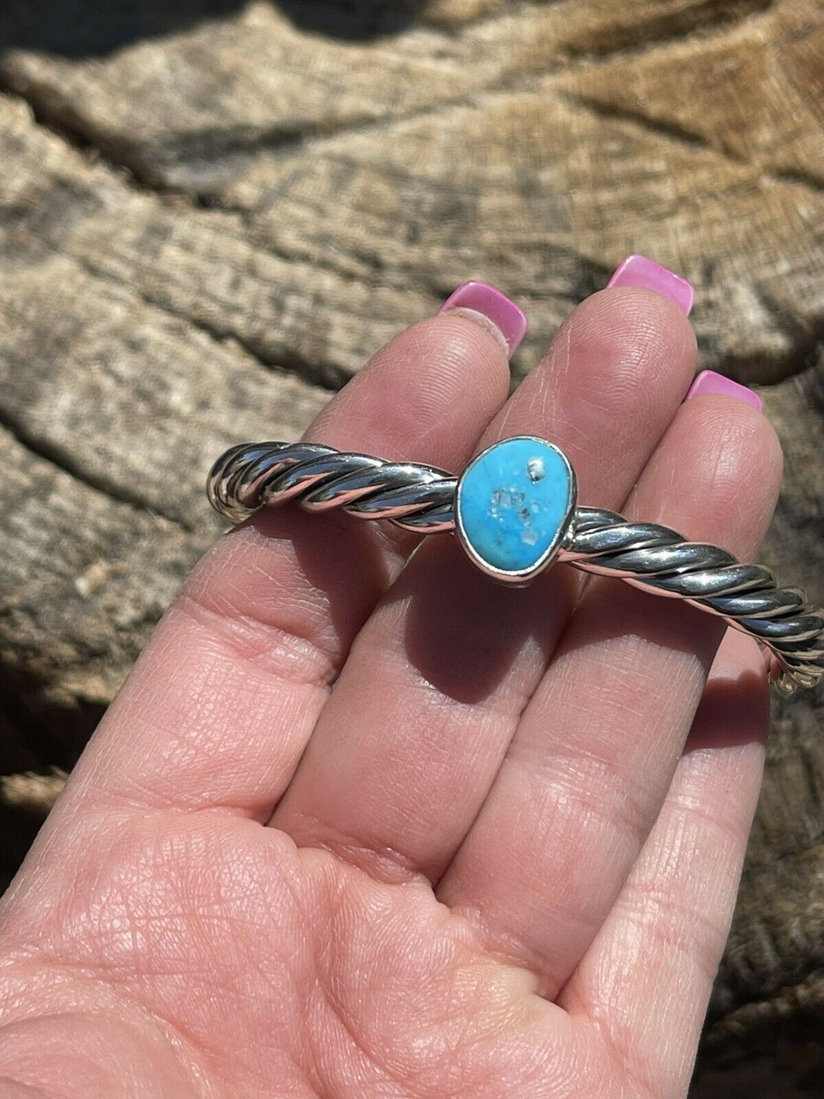 Handcrafted Sterling Silver Rope Twist Natural Turquoise Cuff Bracelet