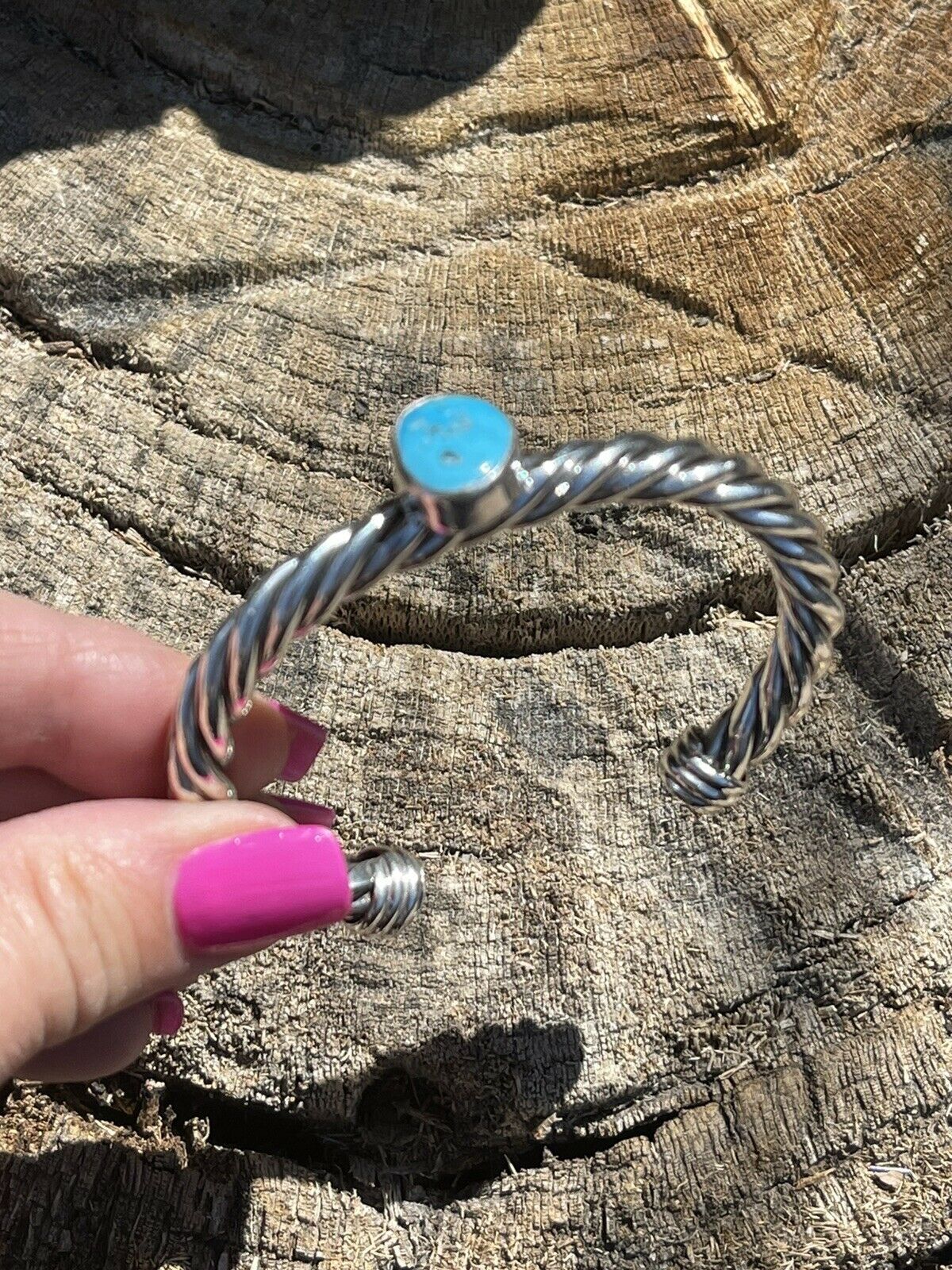 Handcrafted Sterling Silver Rope Twist Natural Turquoise Cuff Bracelet