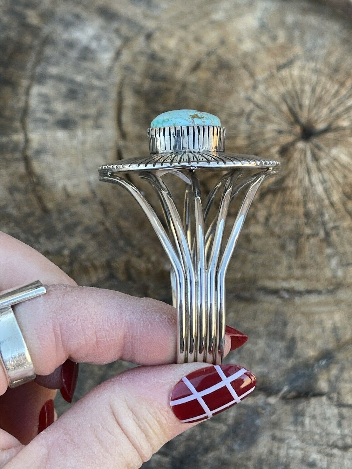 Handcrafted Sterling Silver & Number 8 Turquoise Signed Lined Cuff Signed