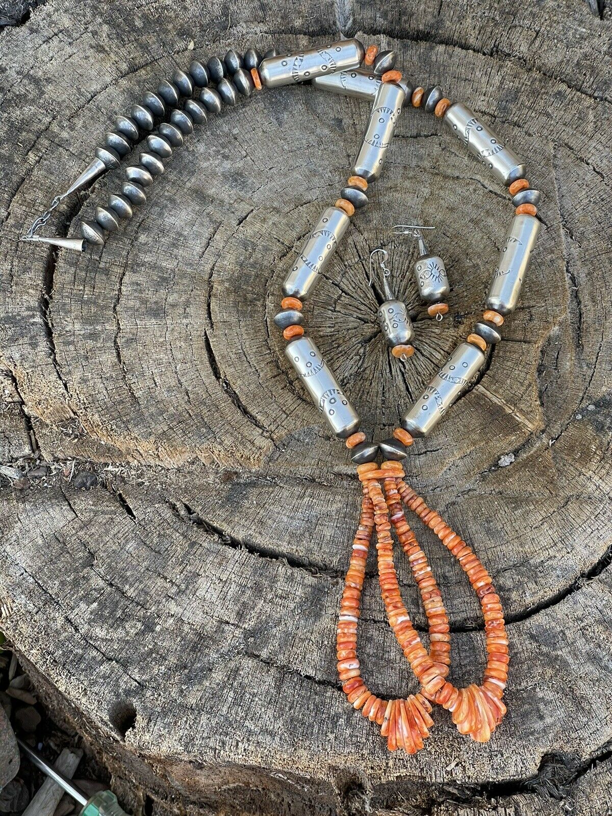 Handcrafted Sterling Silver Handmade Orange Spiny Jacla Necklace & Earring Set