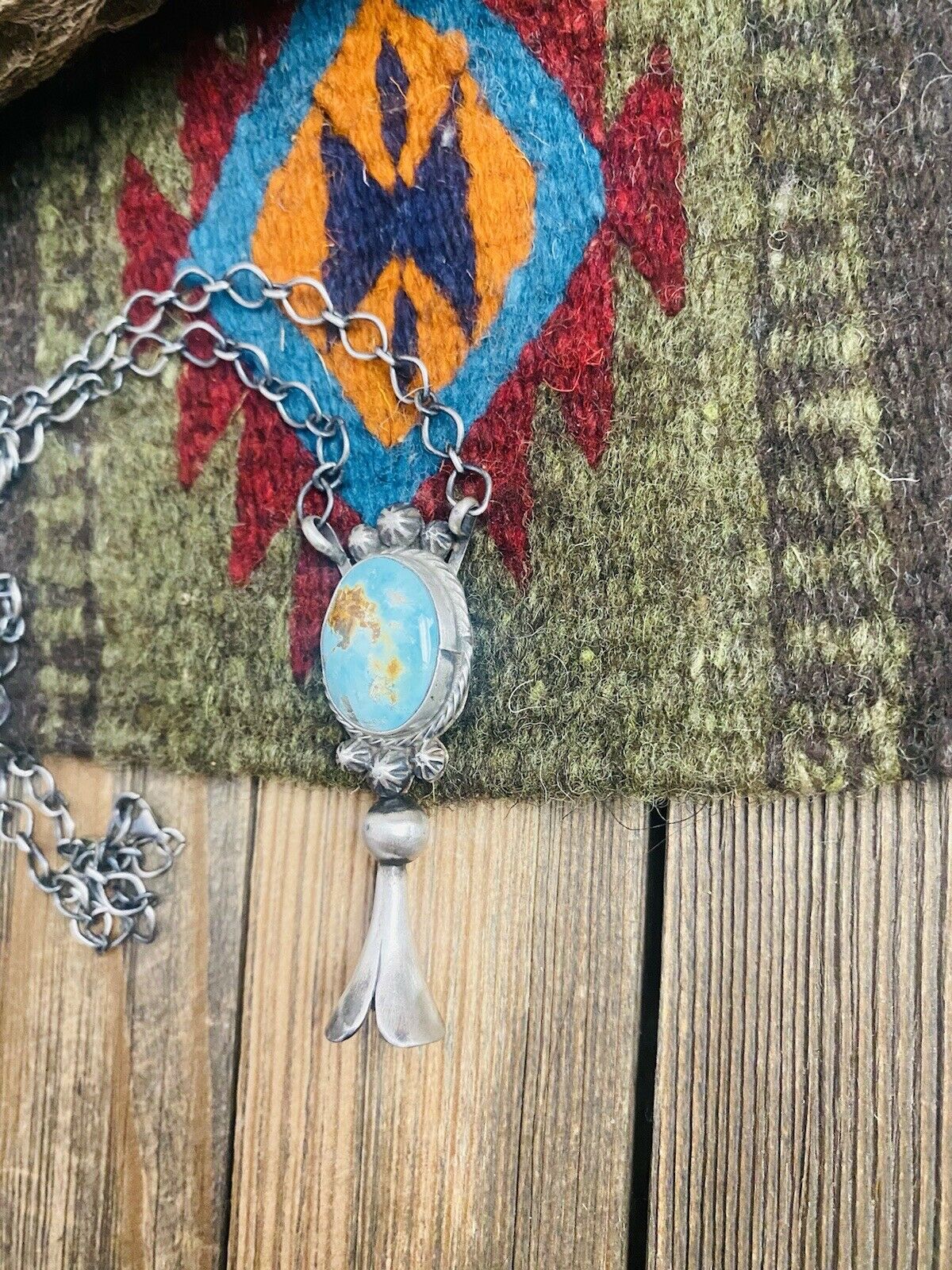 Handcrafted Sterling Silver & Royston Turquoise Blossom Necklace Signed