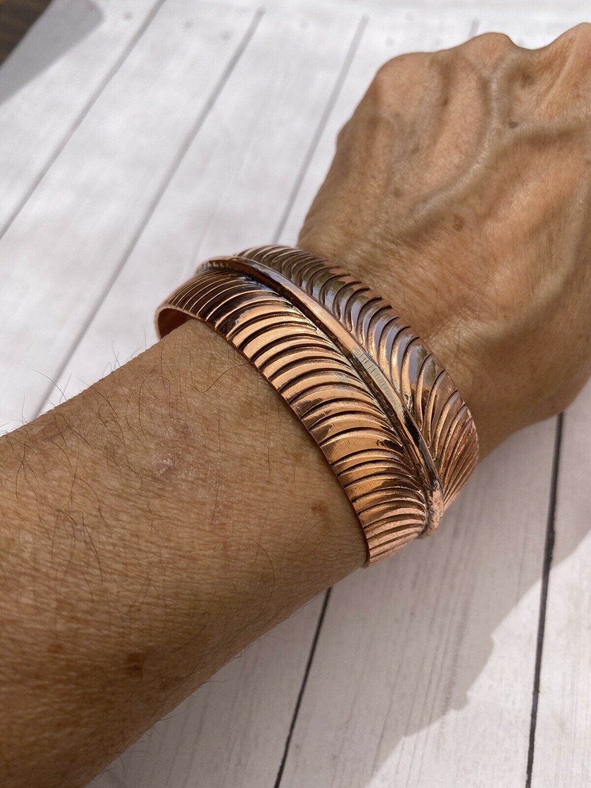 Handcrafted Copper Hand Stamped Feather Bracelet Cuff