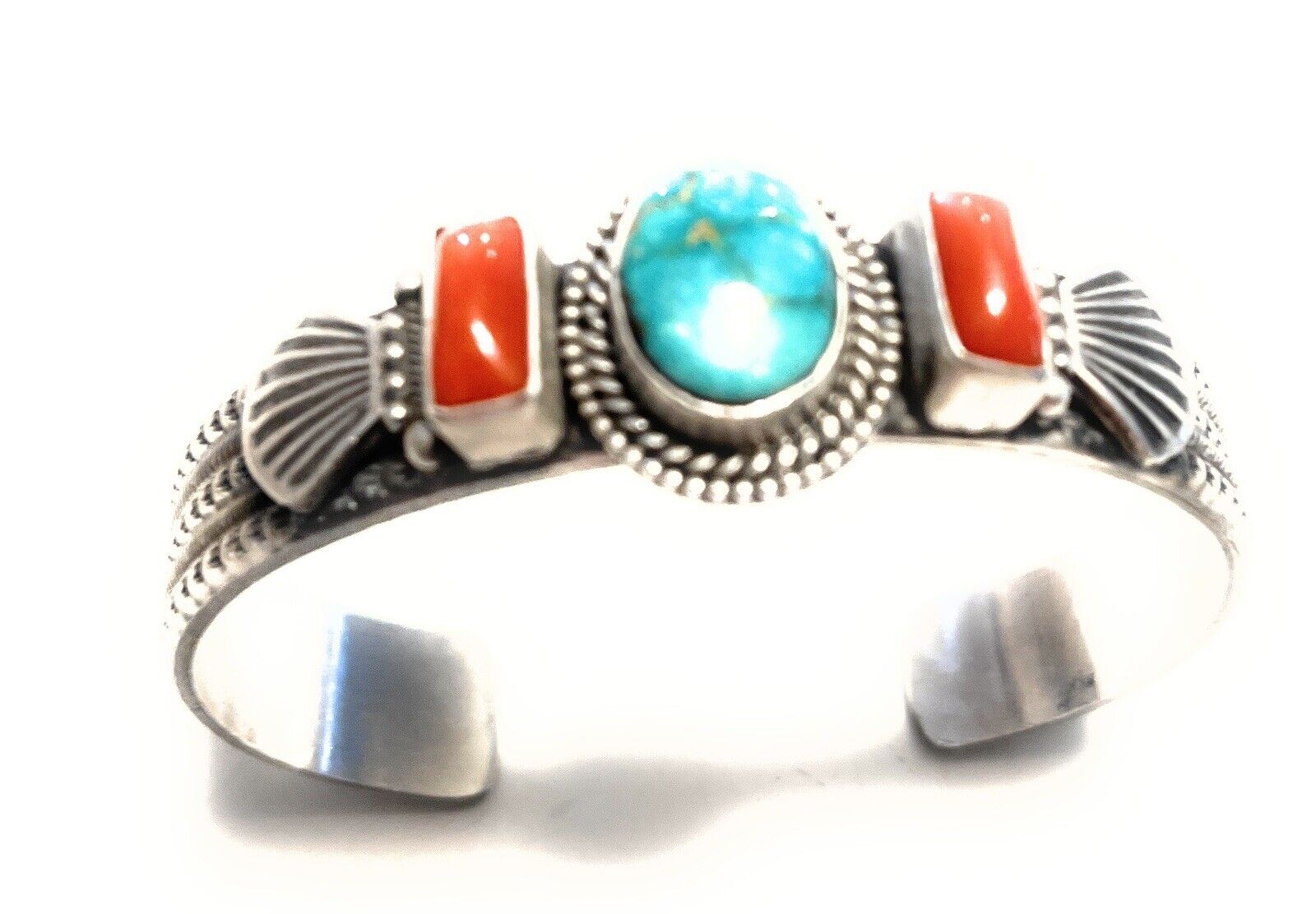 Navajo Sterling Silver Red Coral & Turquoise Bracelet Signed M & R Calladitto /