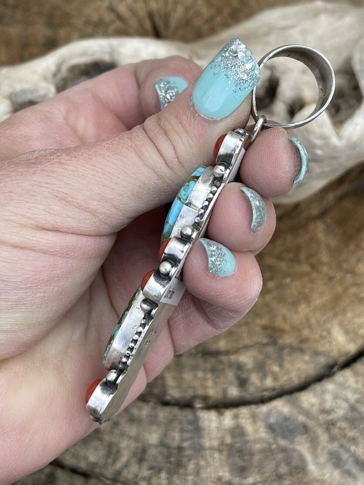 Handcrafted Sterling Kingman Web Turquoise & Red Coral Taos Pendant Bea Tom