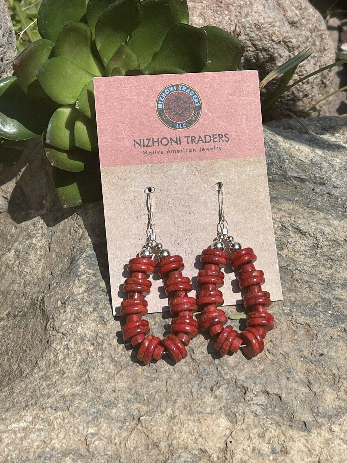 Handcrafted Sterling Silver Double Bead Apple Coral Dangle Hoop Earrings