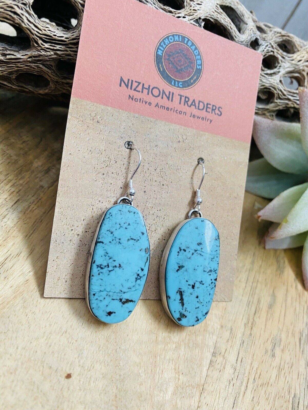 Navajo Kingman Turquoise & Sterling Silver Dangle Earrings Signed