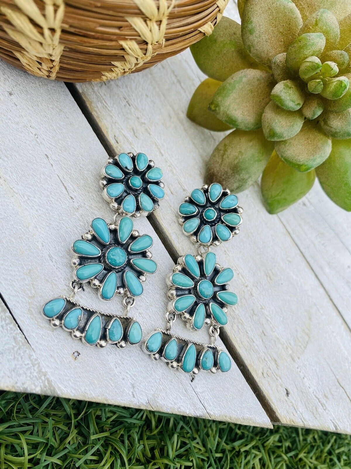 Handcrafted Turquoise and Sterling Silver Cluster Dangle Post Earrings