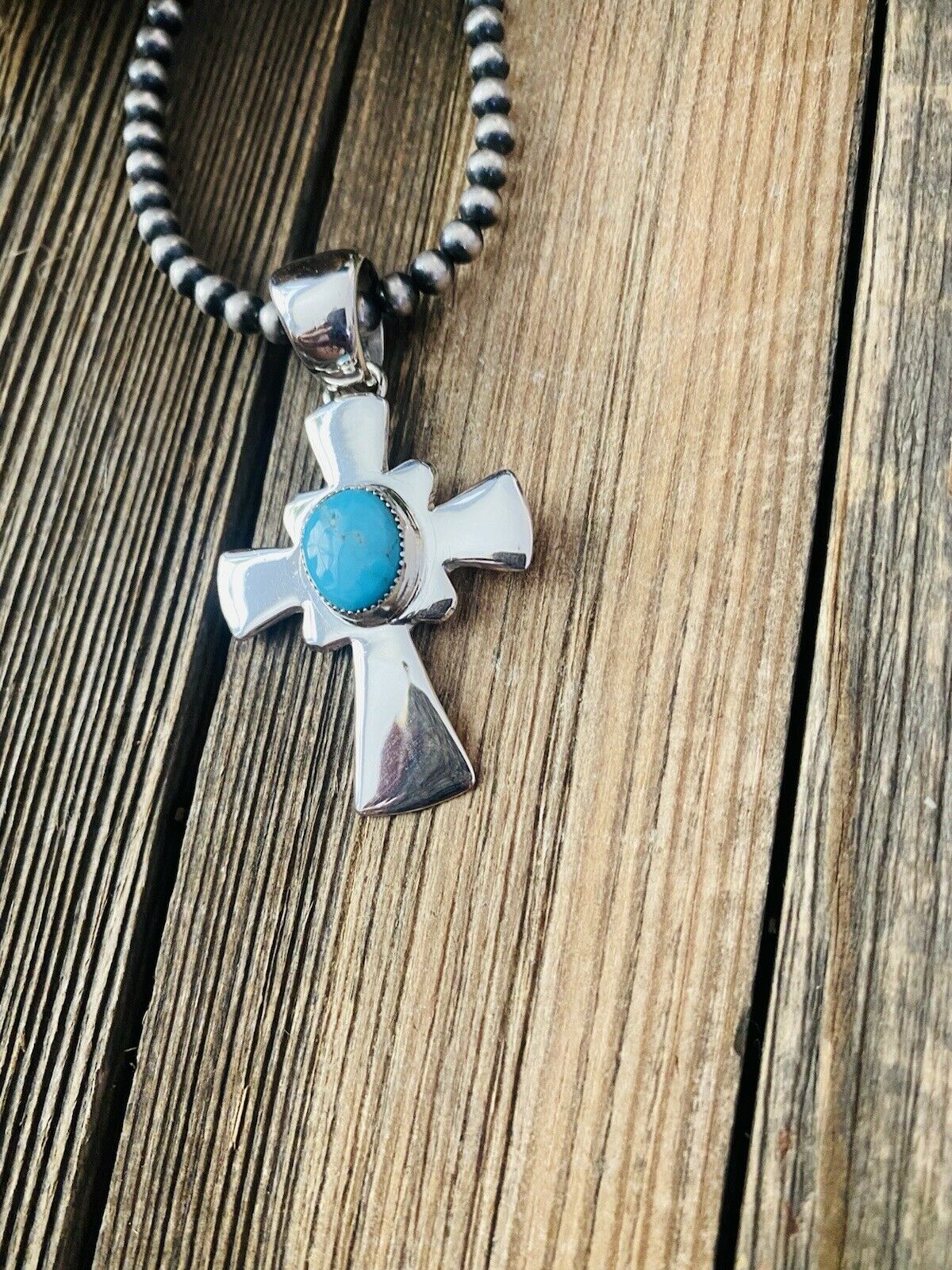 Handcrafted Sterling Silver & Turquoise Cross Pendant Signed