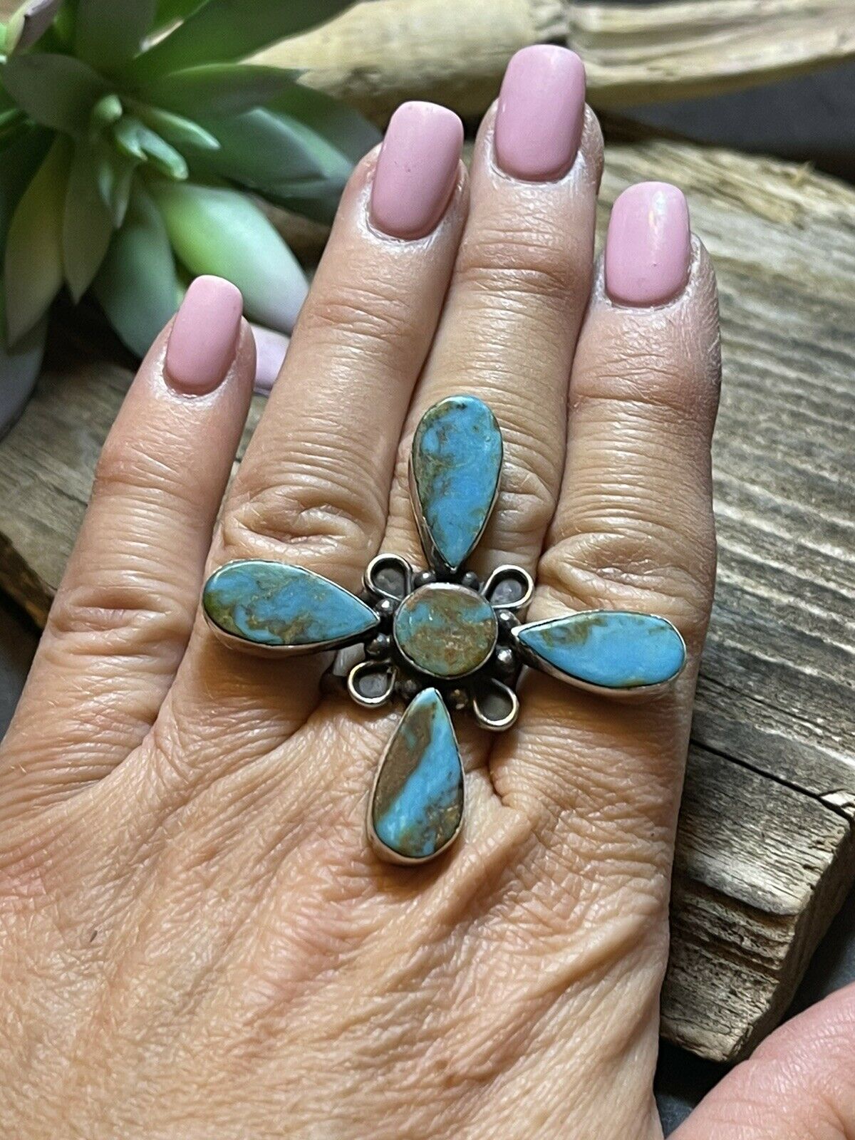 Handcrafted Sterling Silver & Royston Turquoise Scroll Petal Ring Size 7 Signed