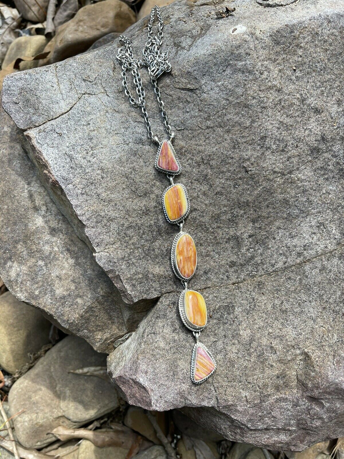 Handcrafted Spiny and Sterling 5 Stone Multi Shape Lariat Necklace