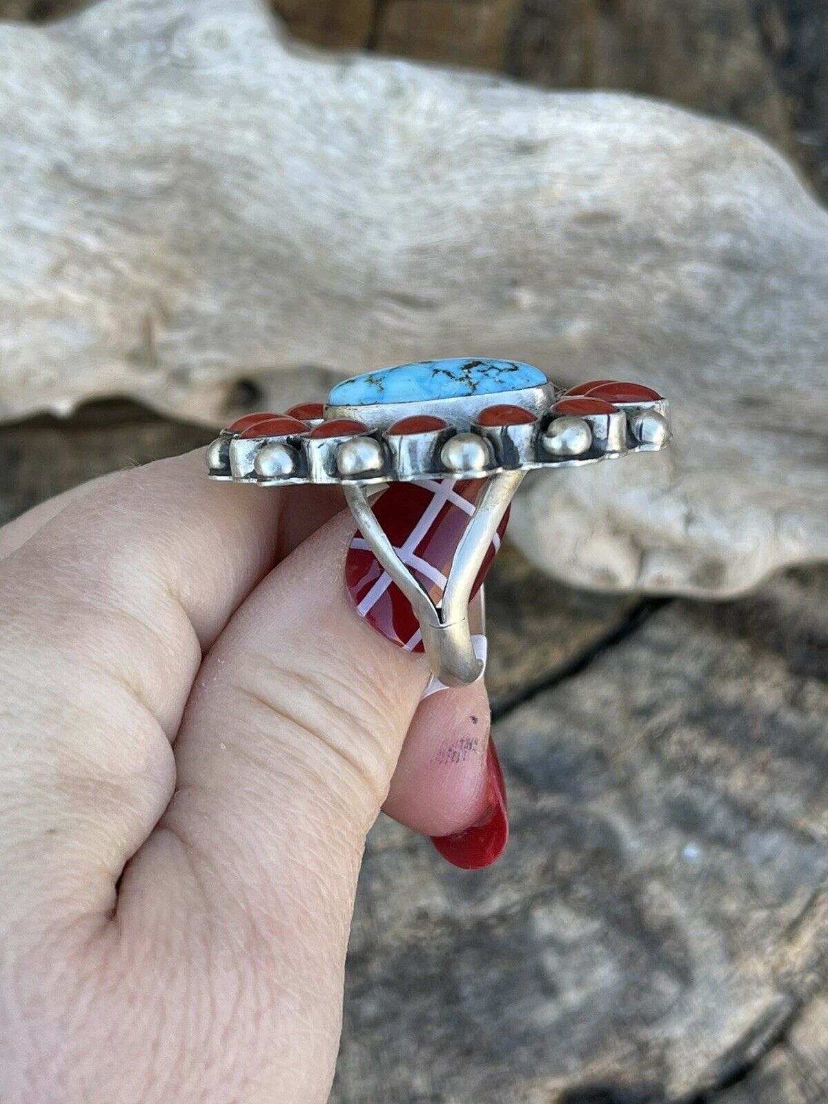 Handcrafted Sterling Silver Kingman Web Turquoise & Red Coral Taos Ring Sz 7.5