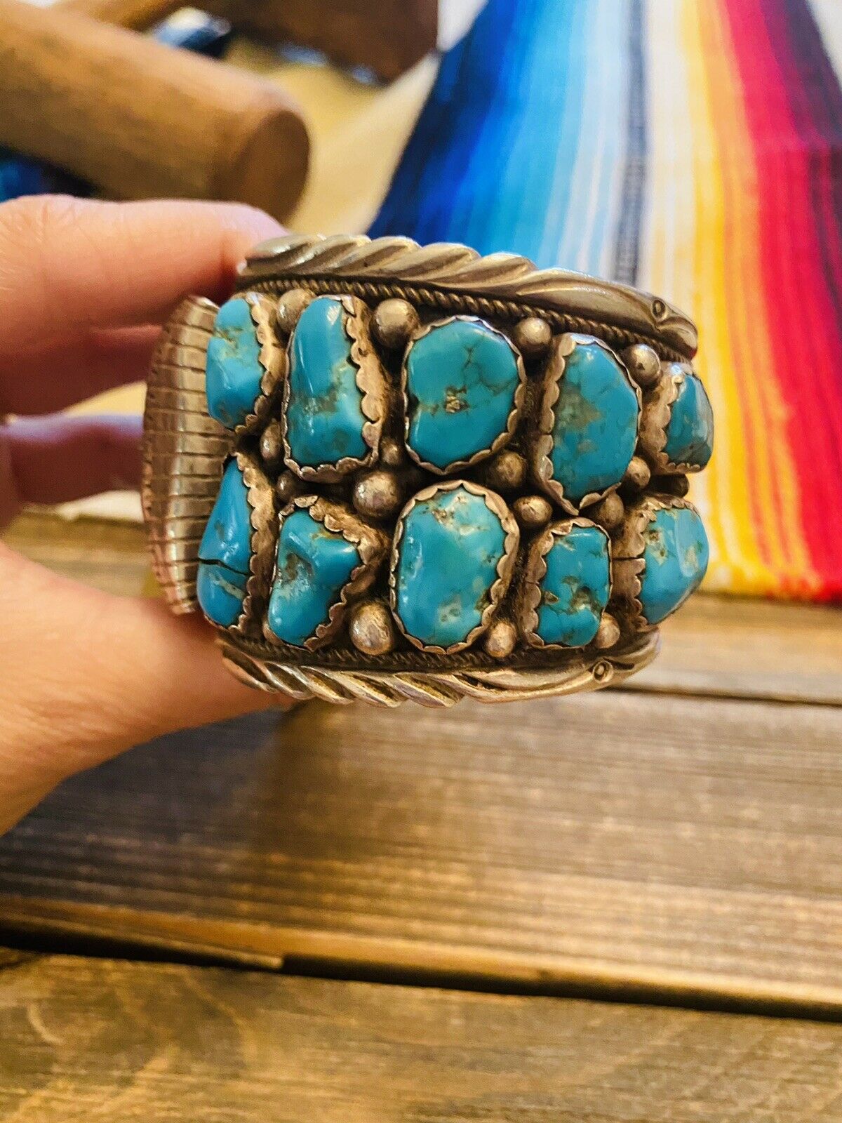Handcrafted Vintage Turquoise & Sterling Silver Jumbo Watch Cuff Signed