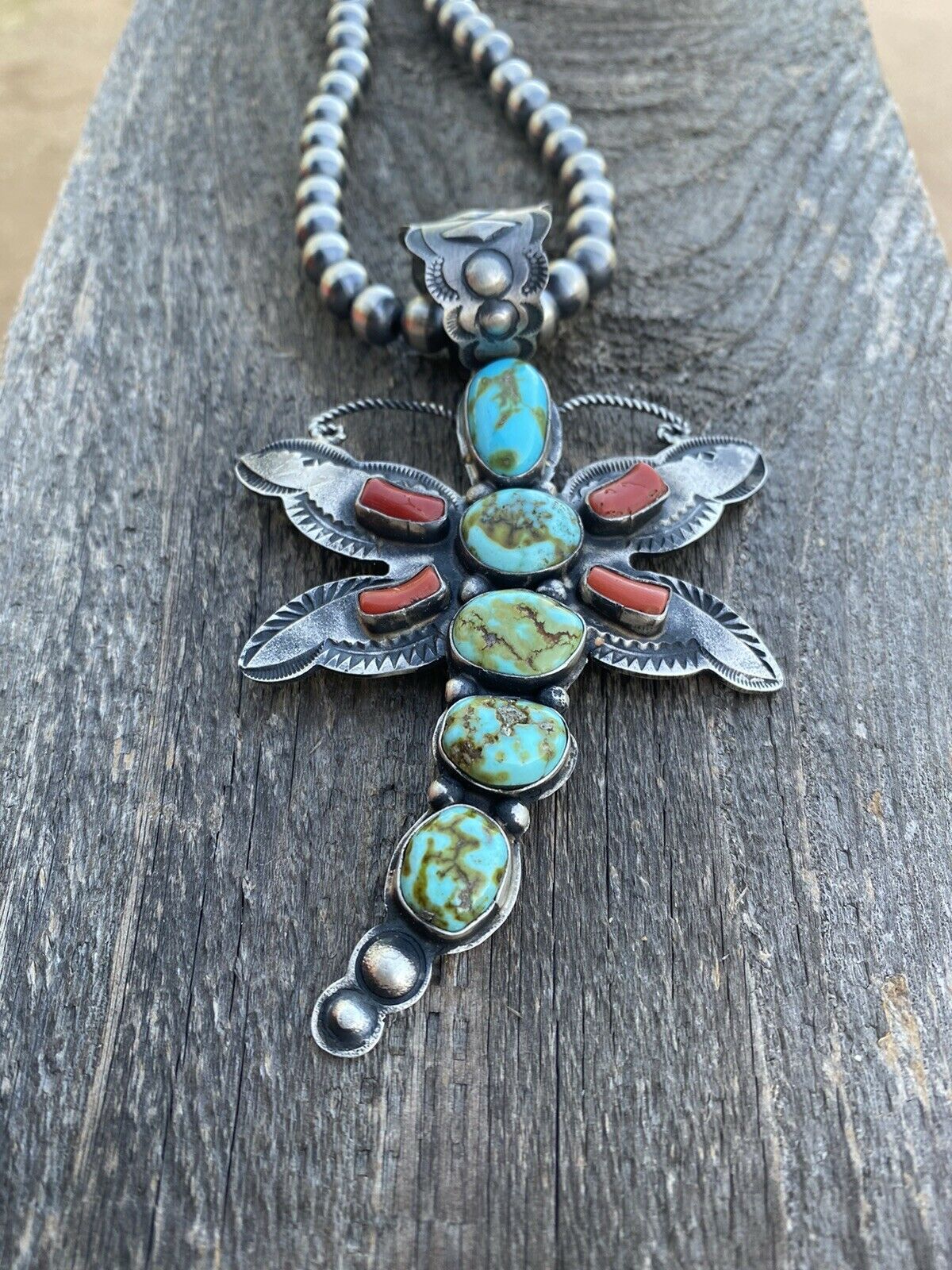 Handcrafted Shawn Cayatenito Sterling Silver Kingman Turquoise & Coral Dragonfly Pendant