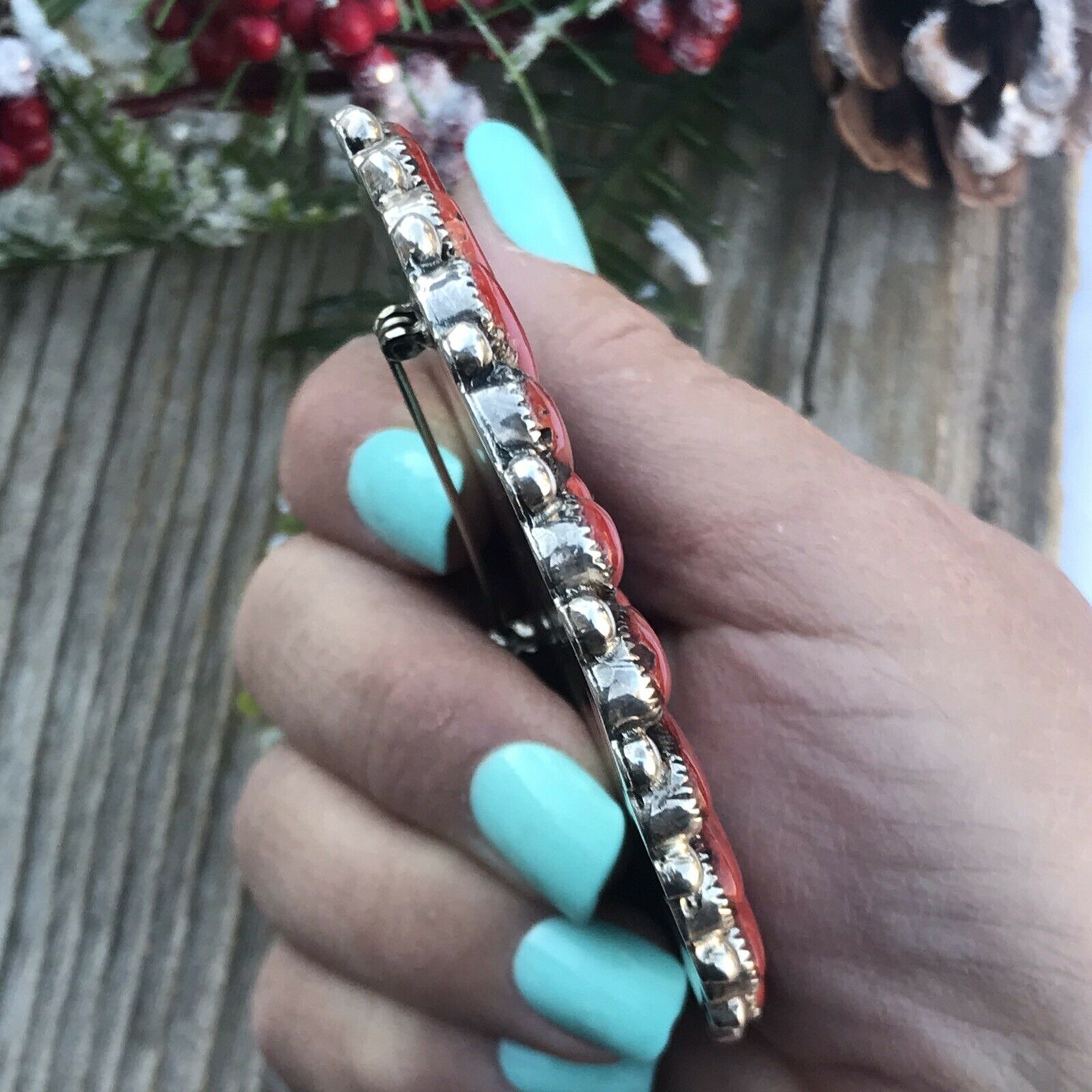 Navajo Jumbo Sterling Silver Natural Red Coral Cluster Pendant/pin Signed