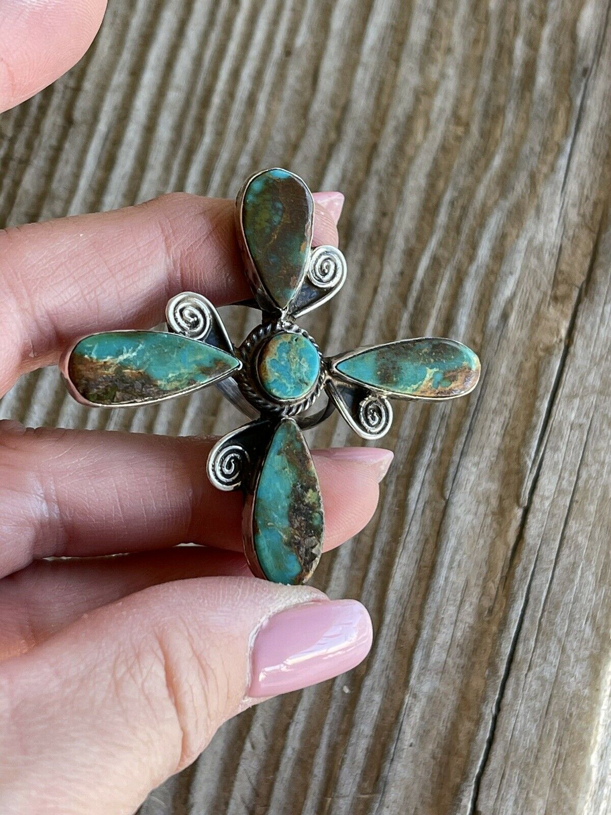 Handcrafted Sterling Silver & Royston Turquoise Scroll Petal Ring Size 8. Signed