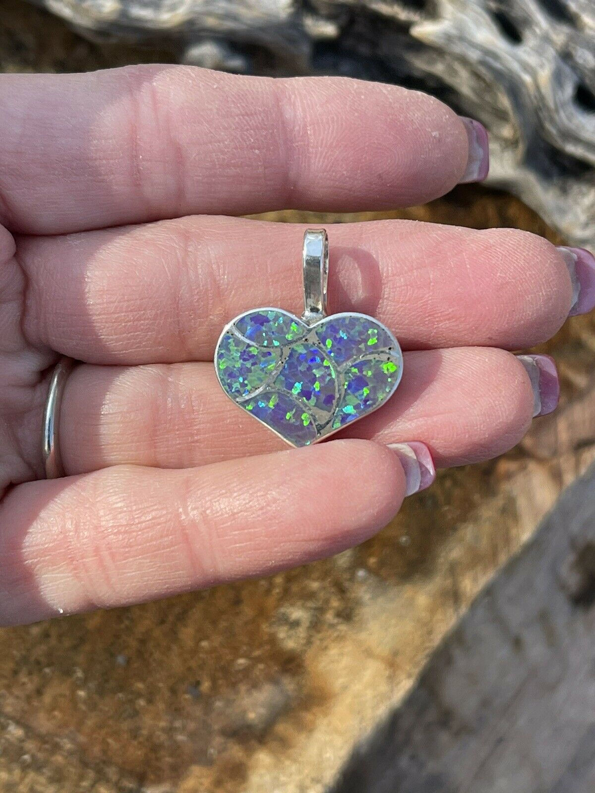 Handcrafted Iridescent Green Opal & Sterling Silver Heart Pendant