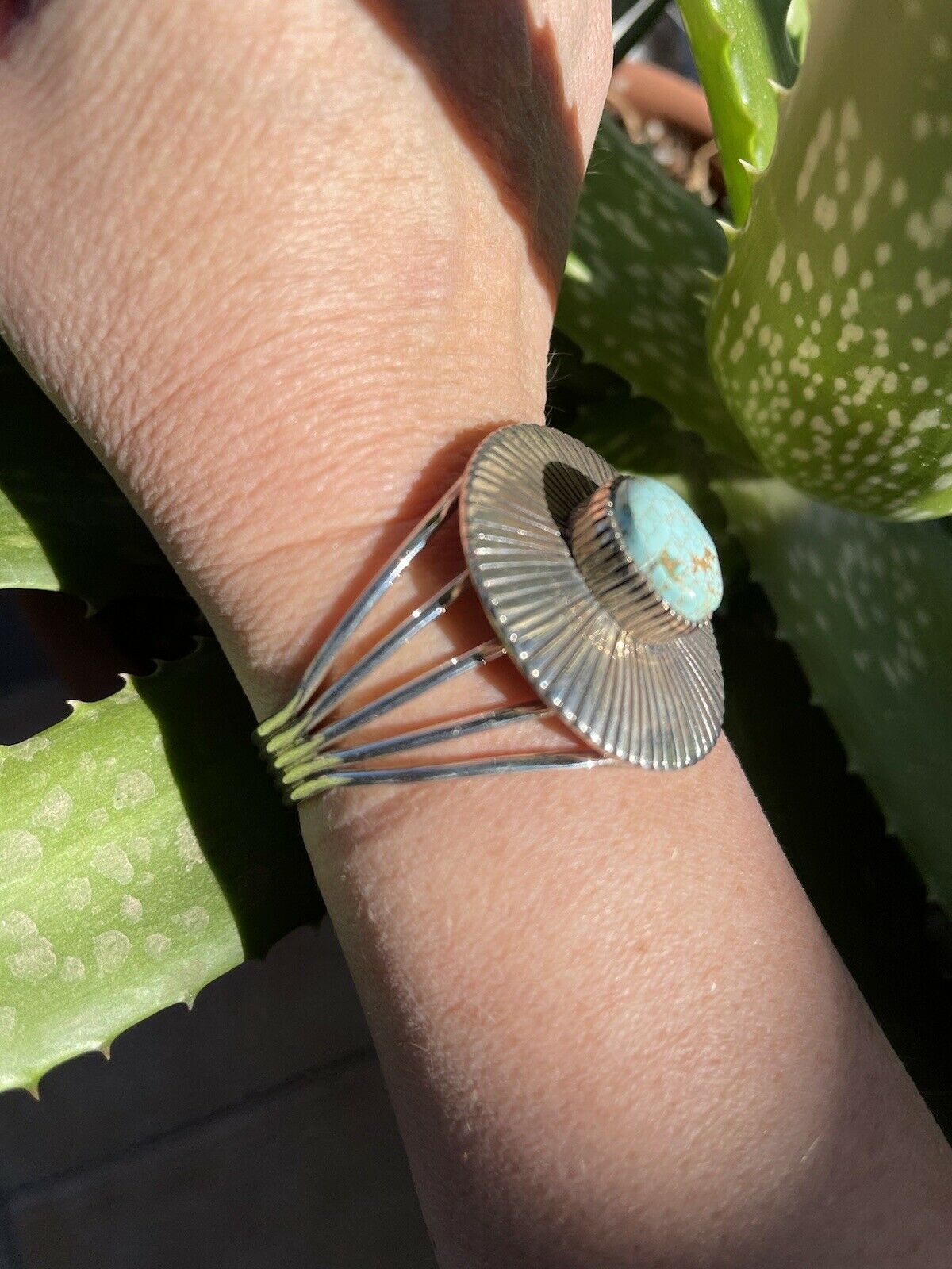 Handcrafted Sterling Silver & Number 8 Turquoise Signed Lined Cuff Signed