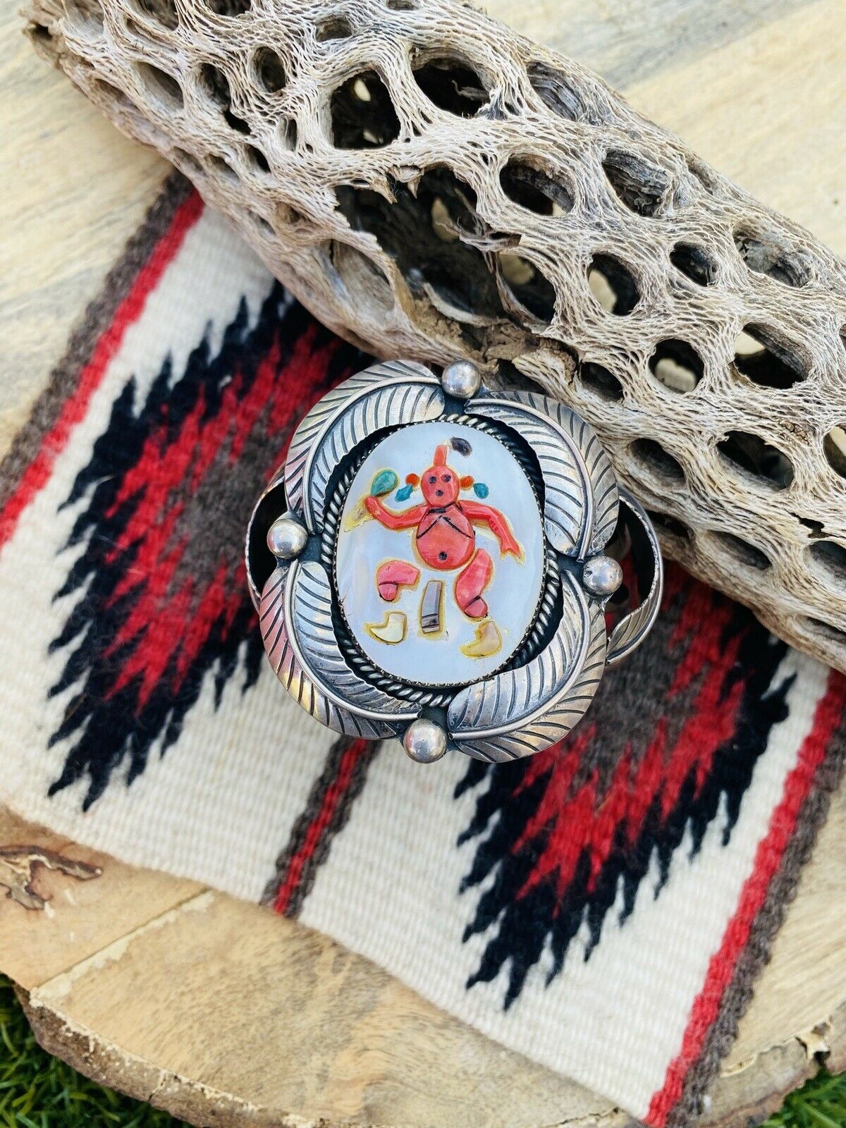 Vintage Zuni Multi Stone & Sterling Silver Inlay Mud Head Cuff Bracelet Signed /