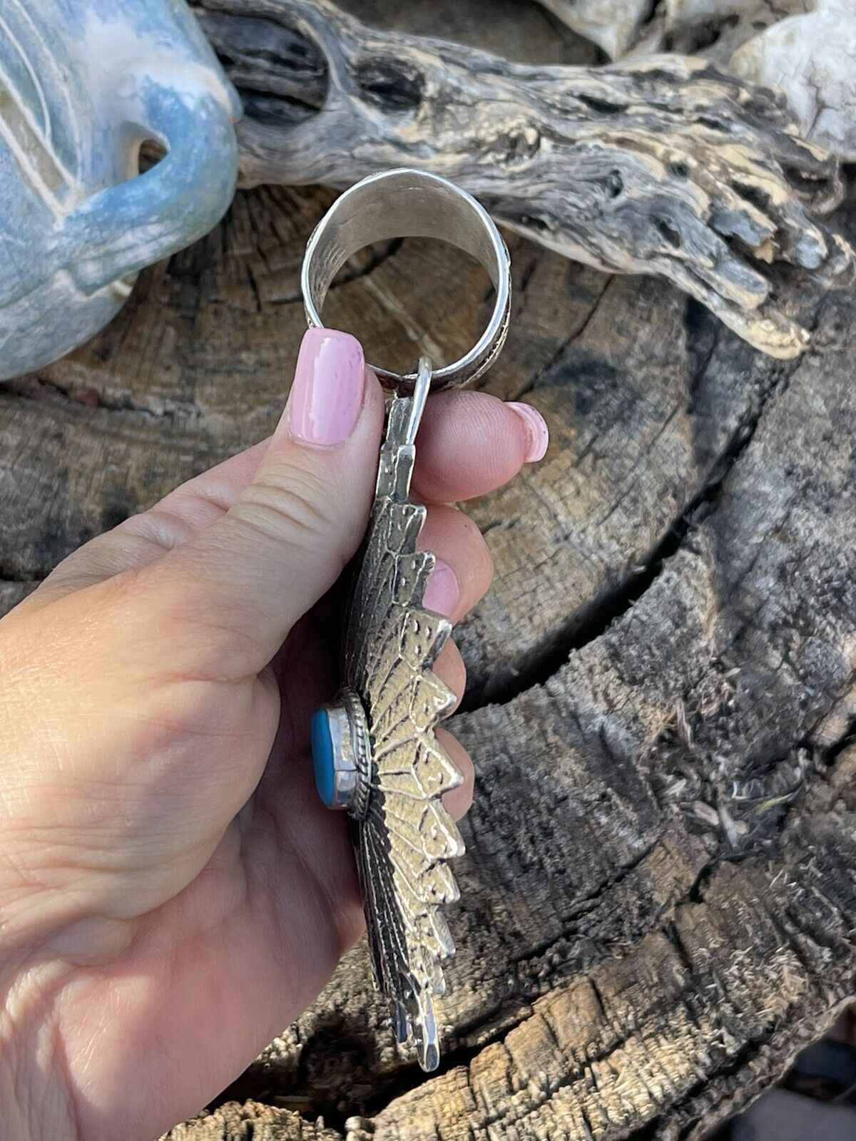 Handcrafted Sterling Silver & Kingman Turquoise Indian Chief Sand Cast Pendant Sign