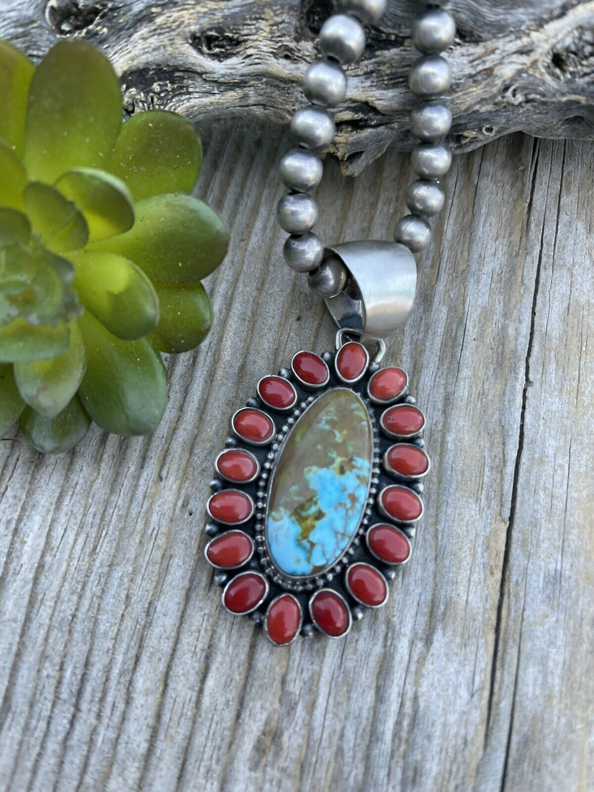 Handcrafted Sterling Silver Kingman Web Turquoise & Red Coral Taos Cluster Pendant