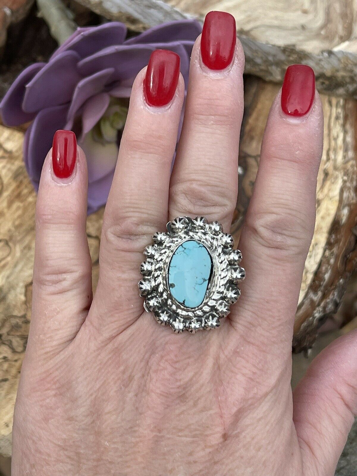 Handcrafted Sterling Carico Lake Turquoise Stone Sunburst Ring Size 8