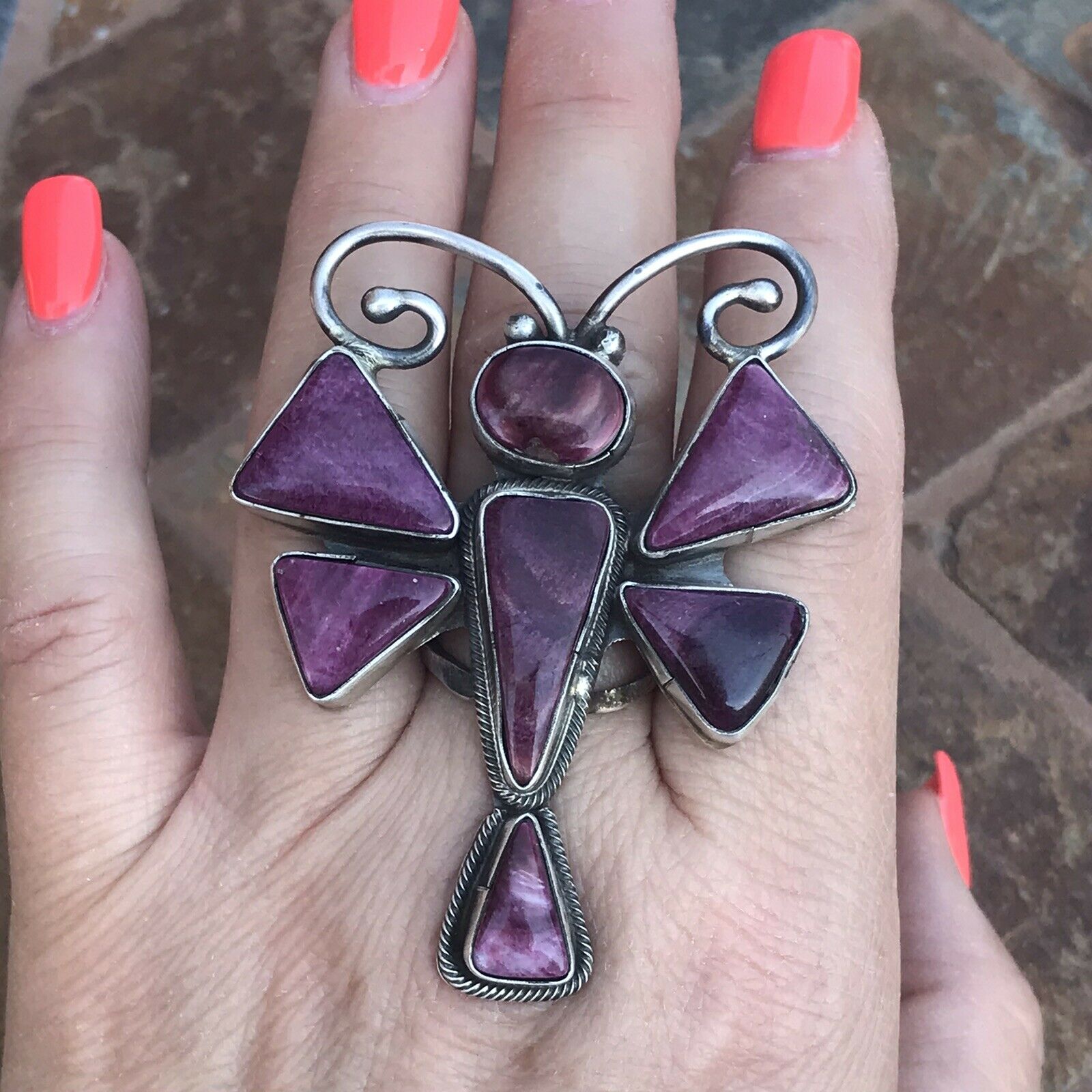 Handcrafted Sterling Silver Purple Spiny Oyster Dragonfly Ring Sz 6.5