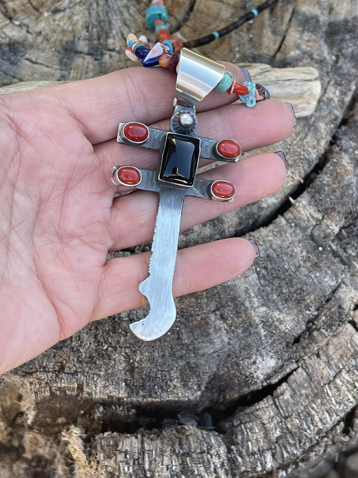 Handcrafted Sterling Silver Black Onyx and Coral Dragonfly Pendant By Chimney Butte