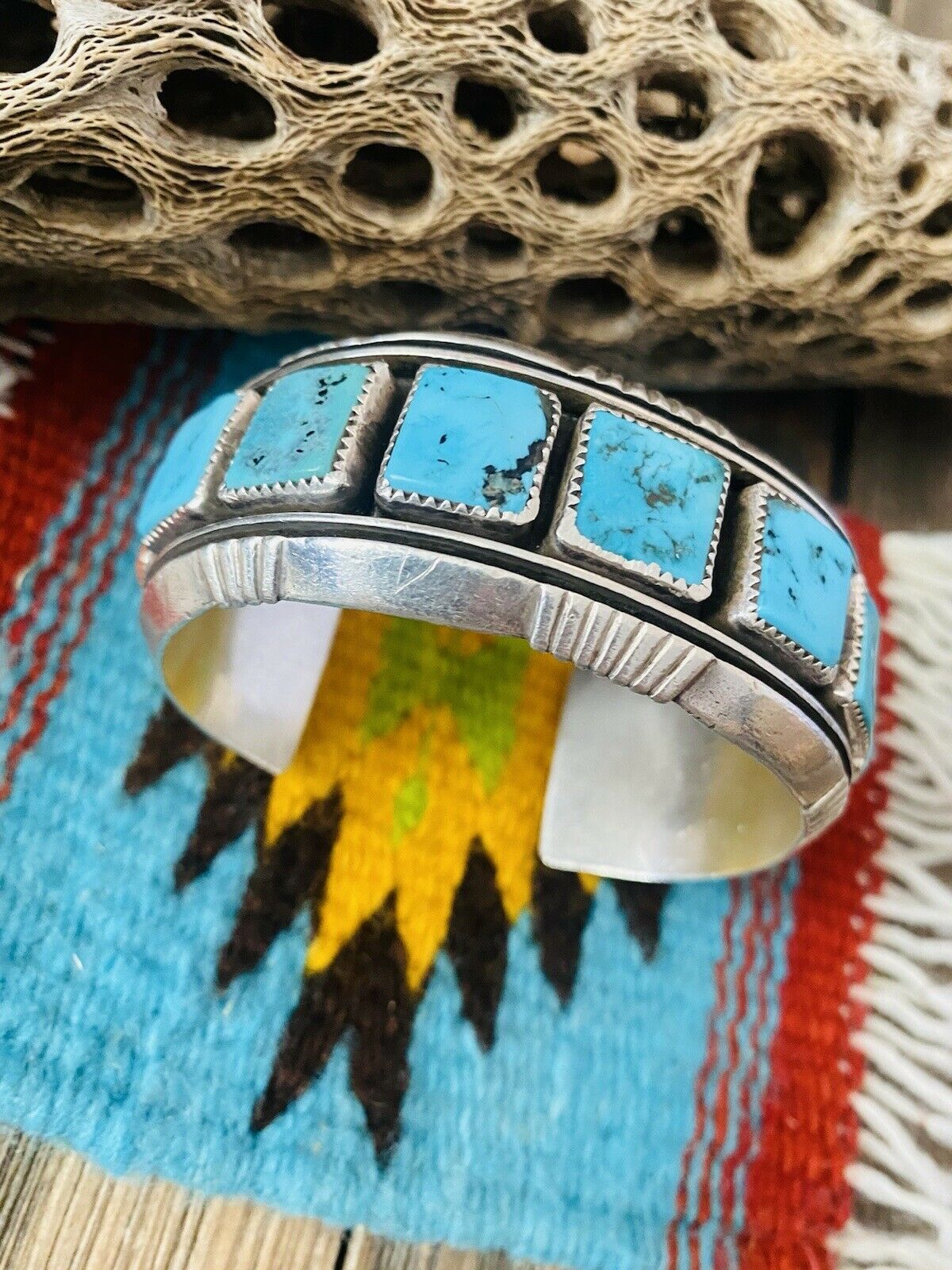 Handcrafted Kingman Turquoise, Coral & Sterling Silver Cuff Bracelet Signed /