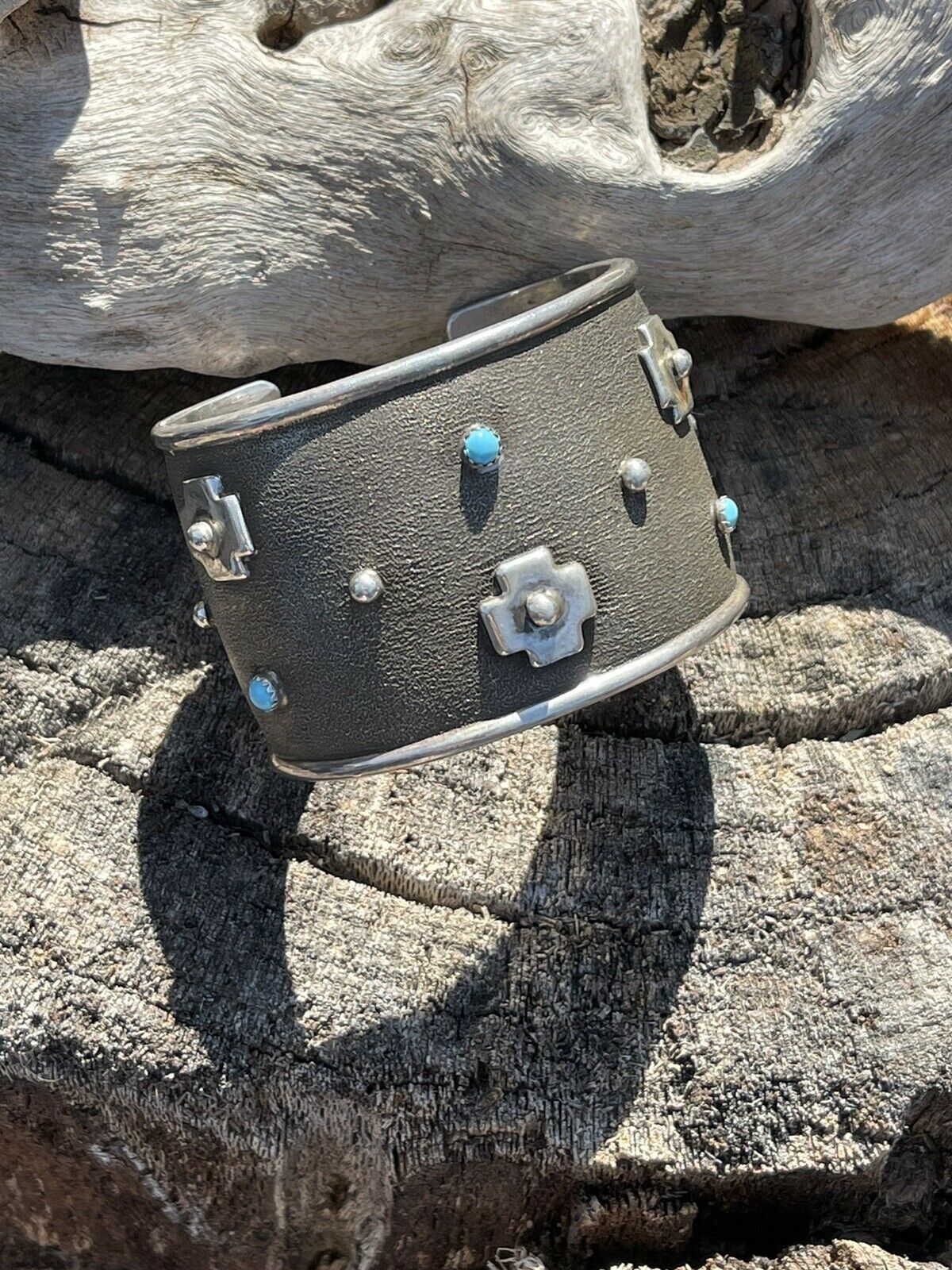 Handcrafted Sterling Silver Cross Bracelet Cuff With Turquoise Accent Stones Signed /