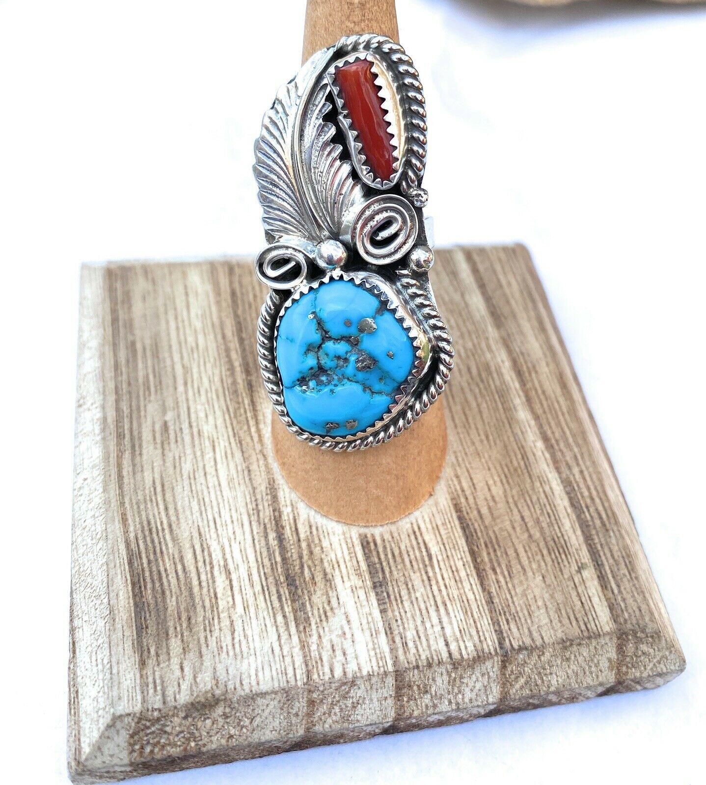 Handcrafted Turquoise, Coral & Sterling Silver Ring Size 5