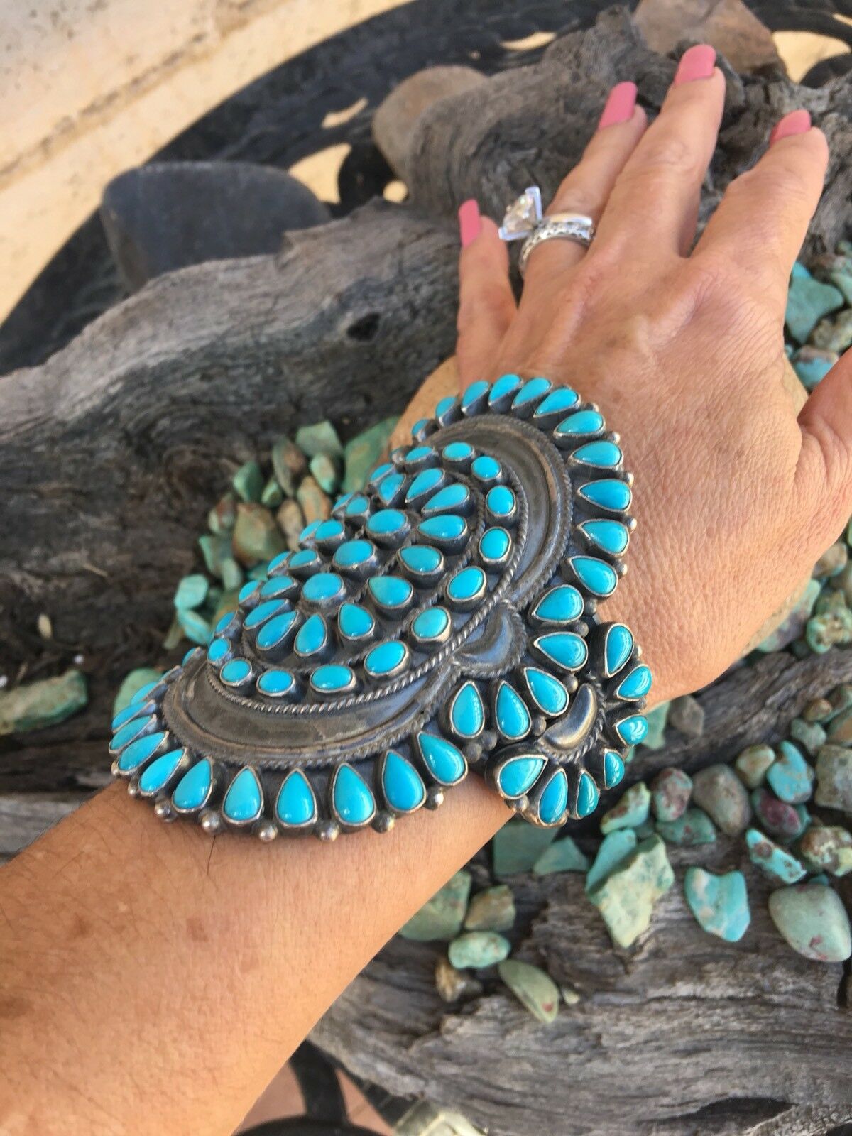 Anthony Skeets Handcrafted Cluster Turquoise & Sterling Silver Cuff Bracelet Signed /