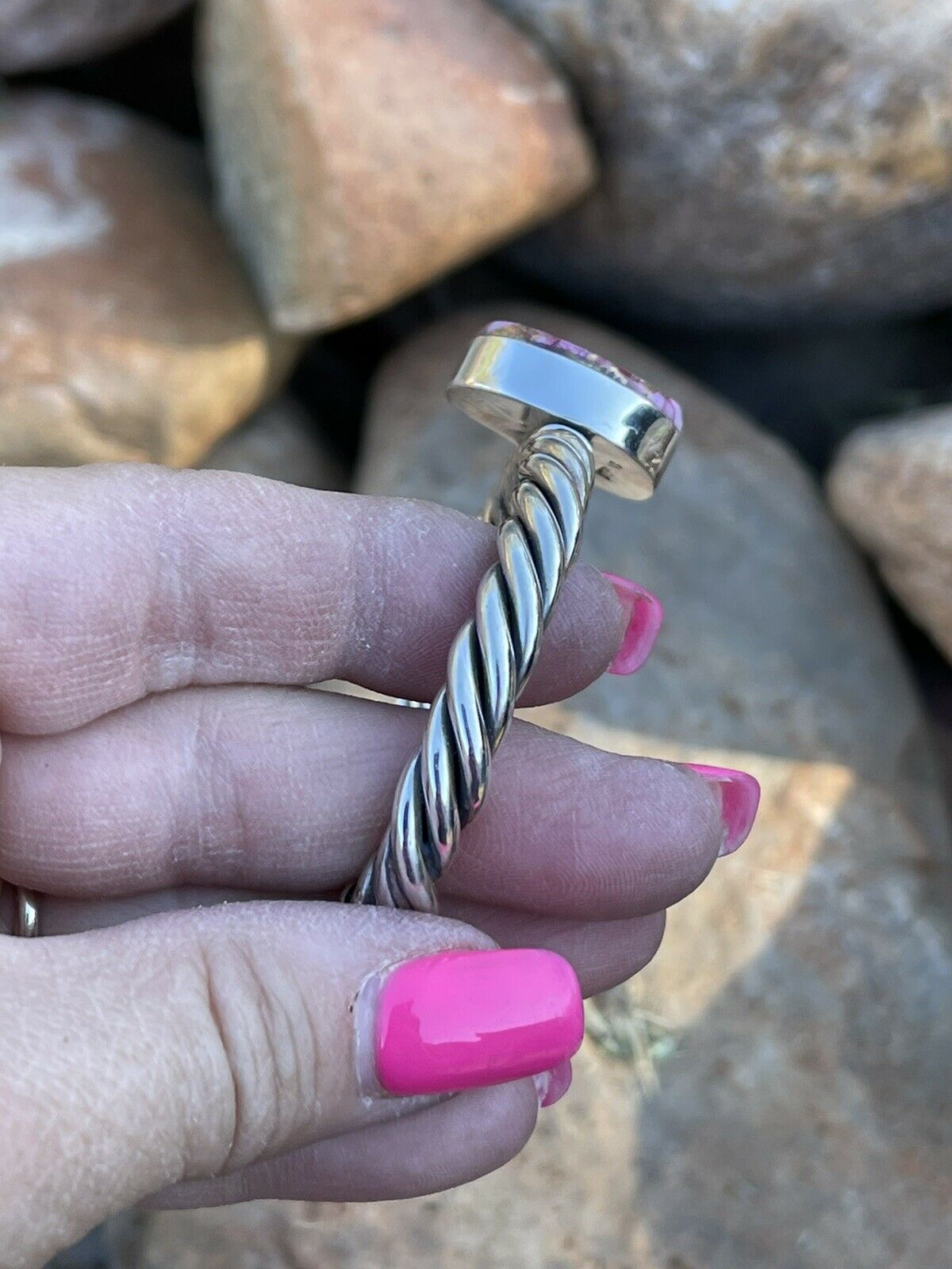 Handcrafted Pink Dream Mojave Sterling Silver Solid Twist Cuff