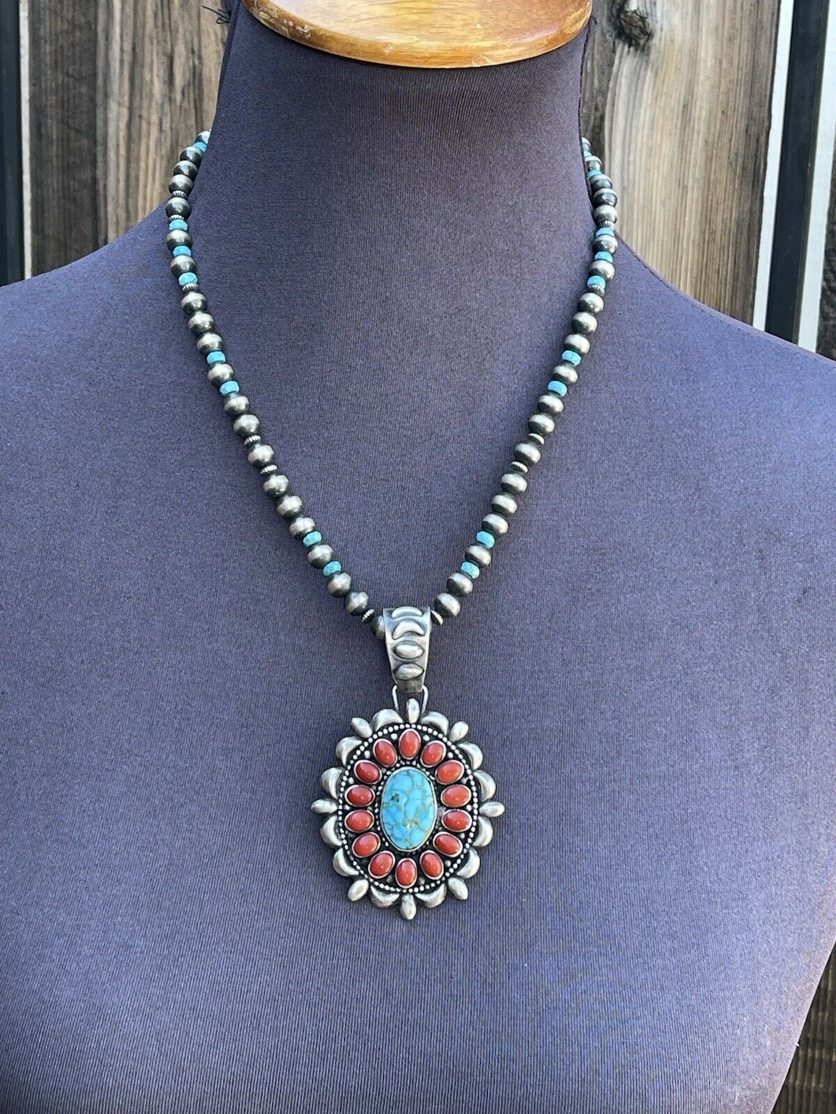 Handcrafted Kingman Web Turquoise & Red Coral Taos Ornate Pendant D. Clark