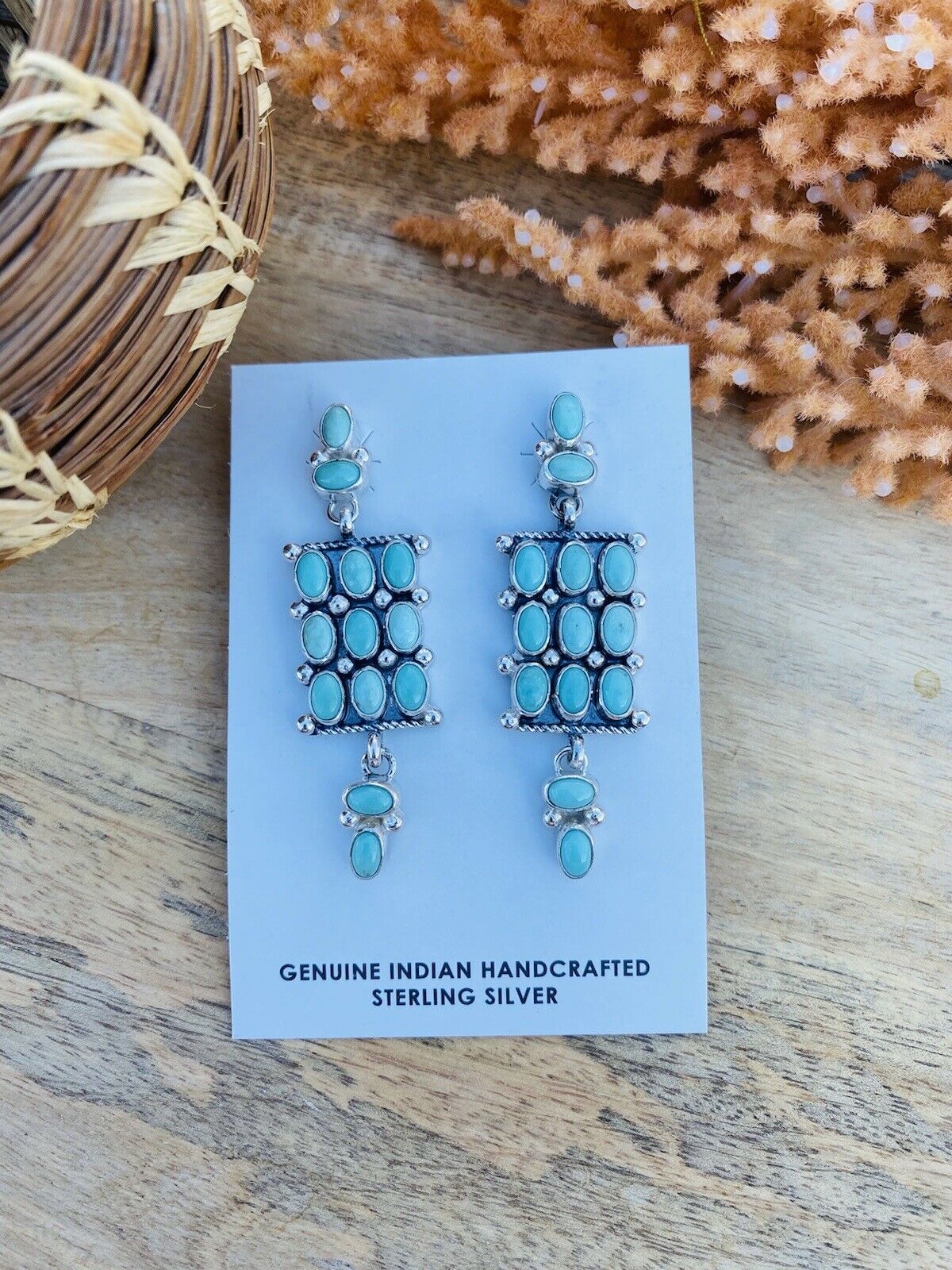 Handcrafted Turquoise & Sterling Silver Cluster Dangle Earrings Signed