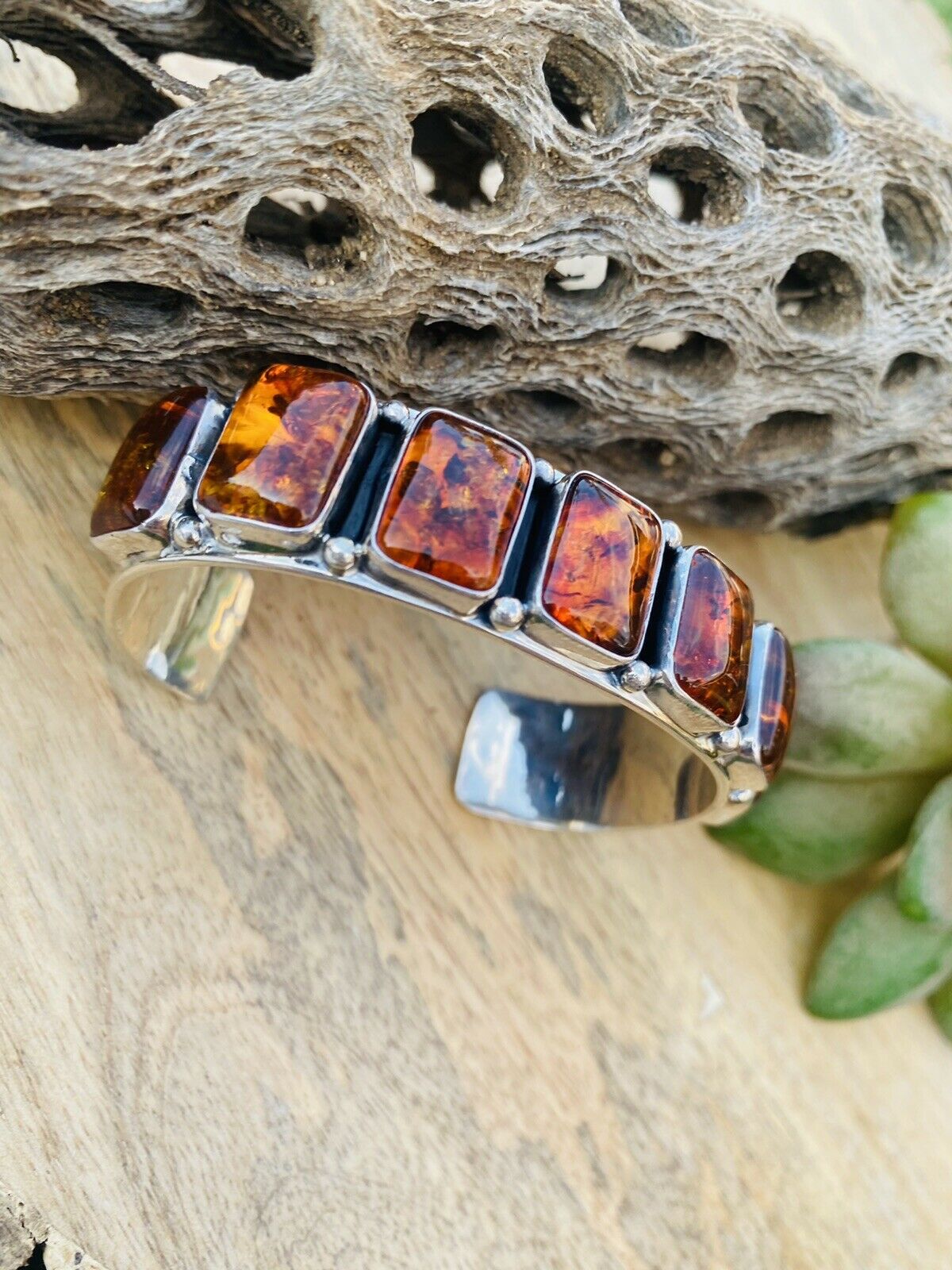 Handcrafted Sterling Silver Topaz Cuff Bracelet Signed